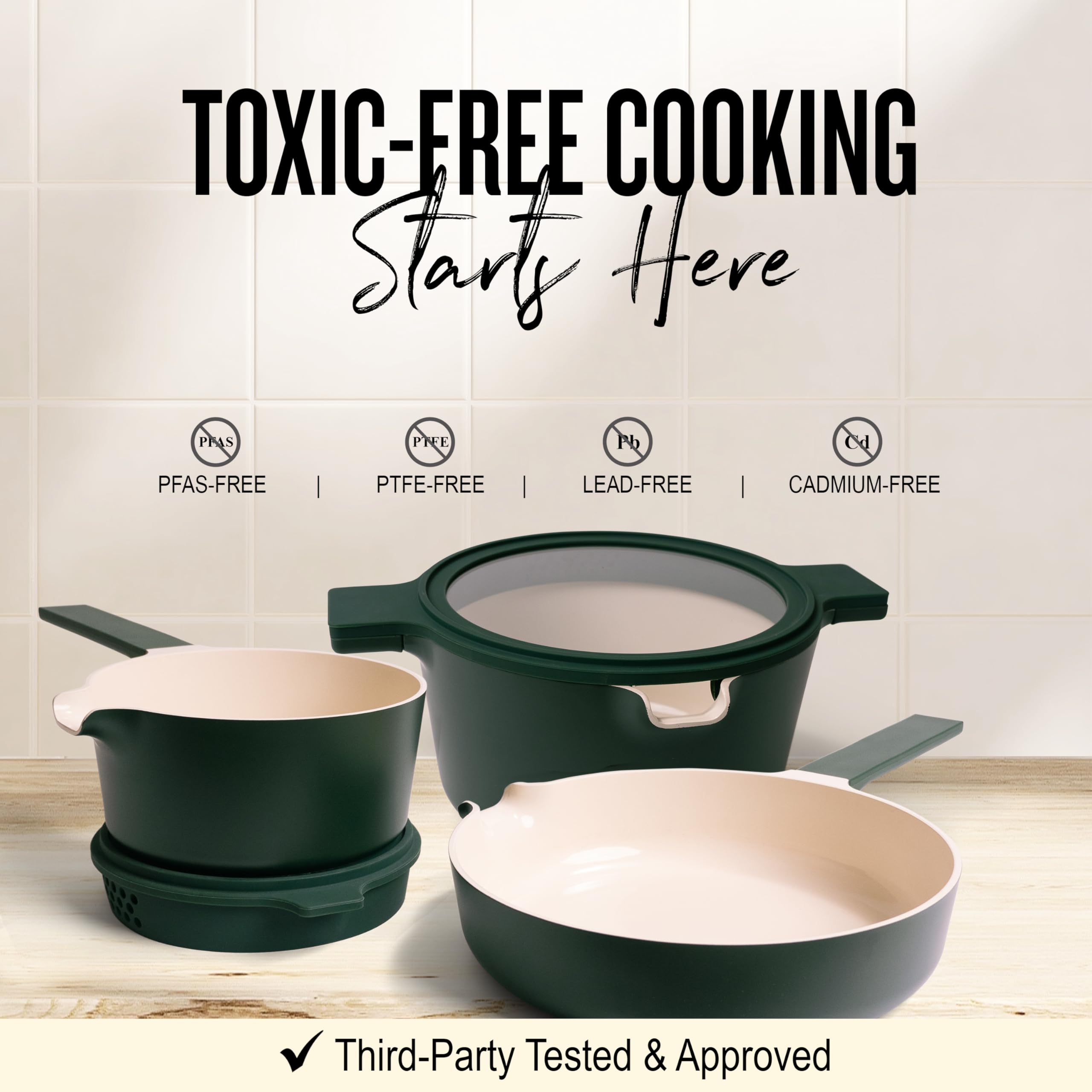 Alva Neat 5-Piece Nested Nonstick Ceramic Cookware Set - Made without PFAS, PFOA & PTFE – Induction & All Stovetop Compatible, Oven Safe, Easy to Clean – Space-Saving Design, Green