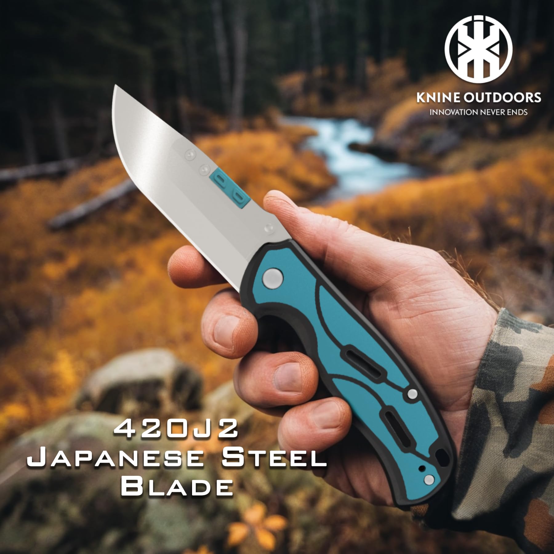 KNINE OUTDOORS Hunting Double Blade Pocket Knife with Replaceable Blades and Clip, Skinning and Gutting Knife, EDC for Deer Hunting, with 9 Blades (Blue)