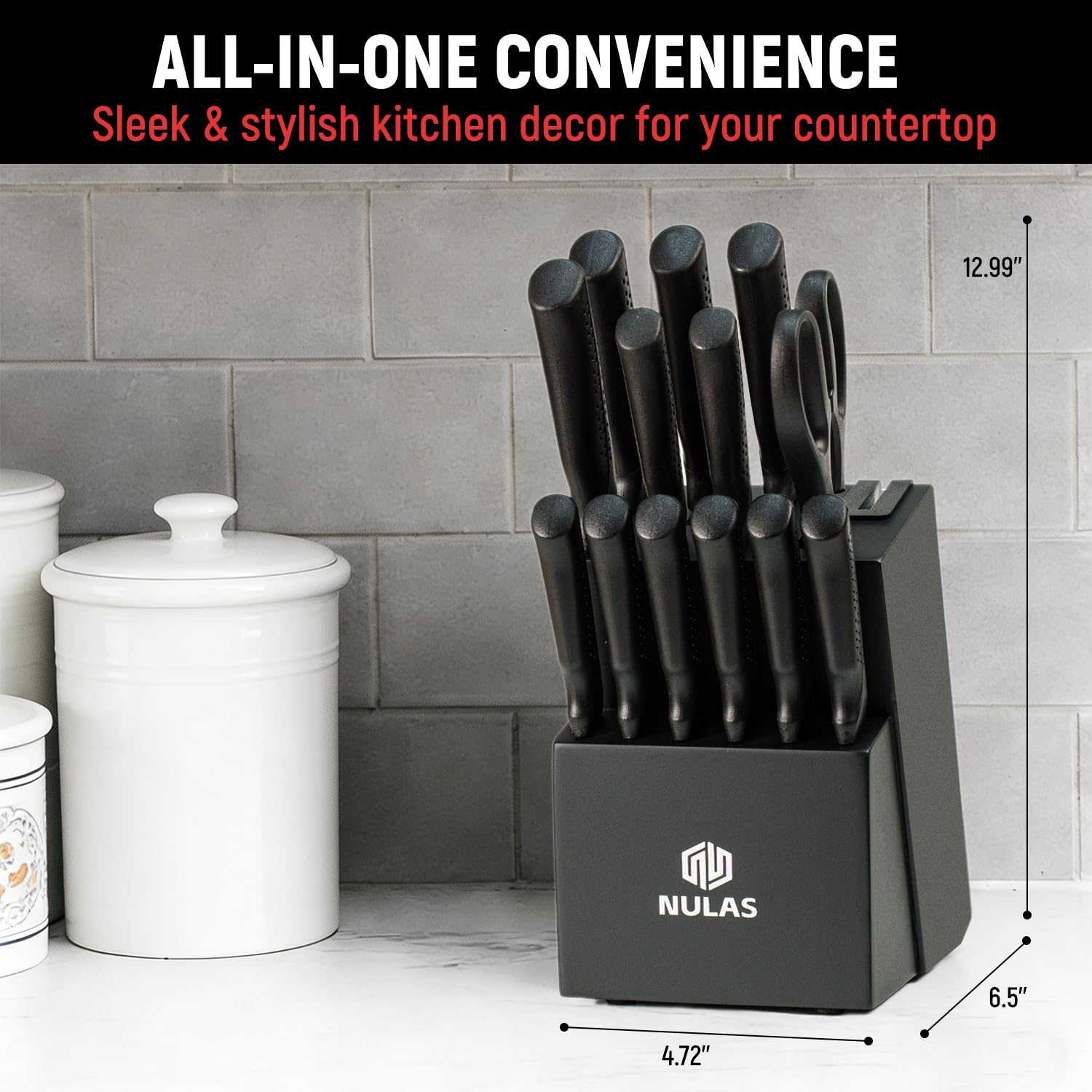 NULAS Knife Set, 15-Piece Kitchen Knife Set with Block and Built-in Sharpener, Dishwasher Safe, Non-slip Handle, 6 Steak Knives, Black