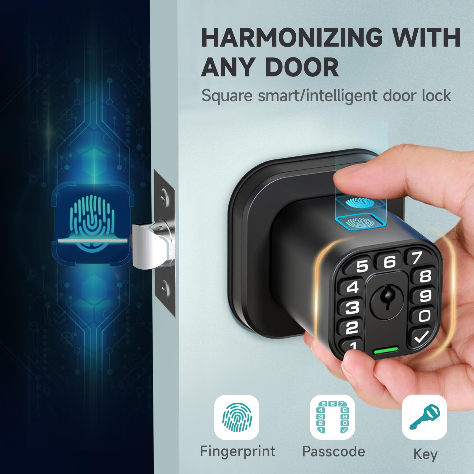 Richelock Fingerprint Door knob, Smart Biometric Door Lock with Keypad, Keyless Entry Code Door Knob, Waterproof & Weatherproof , Auto Lock ,Voice Navigation, For Bedroom, Gate,Office -Matte Black