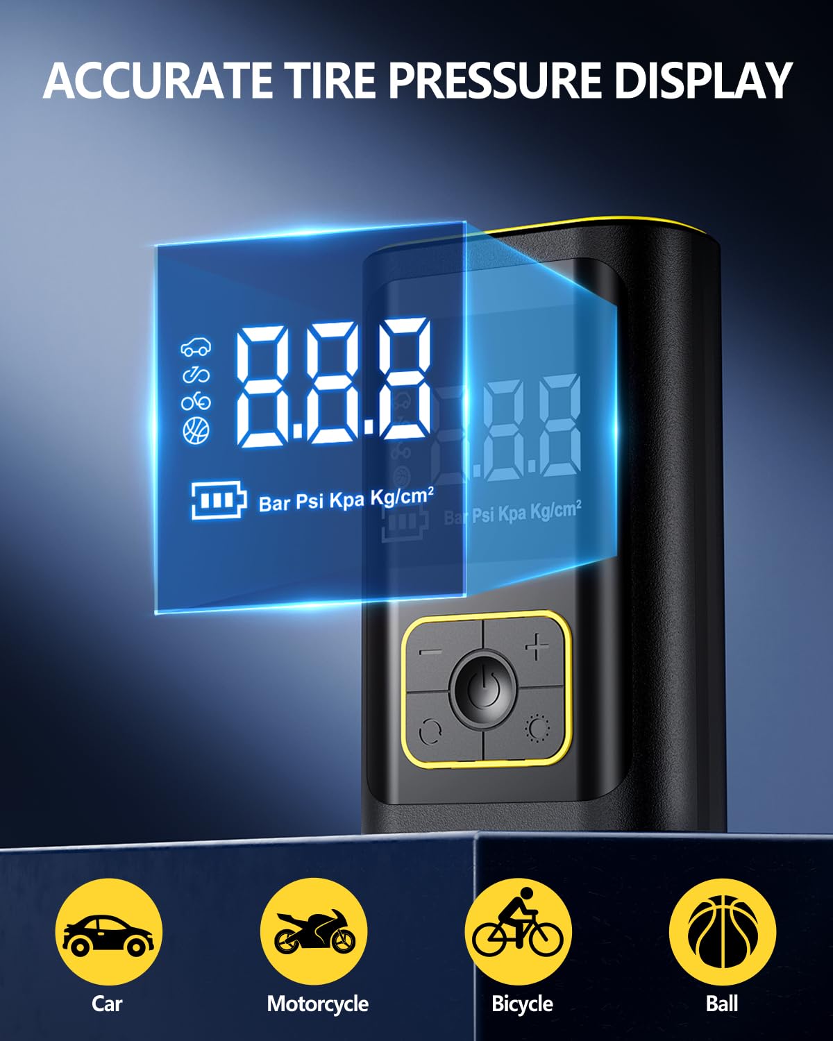 GEARGO Portable Tire Inflator Air Compressor 150PSI Cordless Air Pump for Car, Motorcycle, Bicycle Tires, Balls, 3X Faster Auto Smart Air Pump with Digital Pressure Gauge, LED Light, Black Yellow