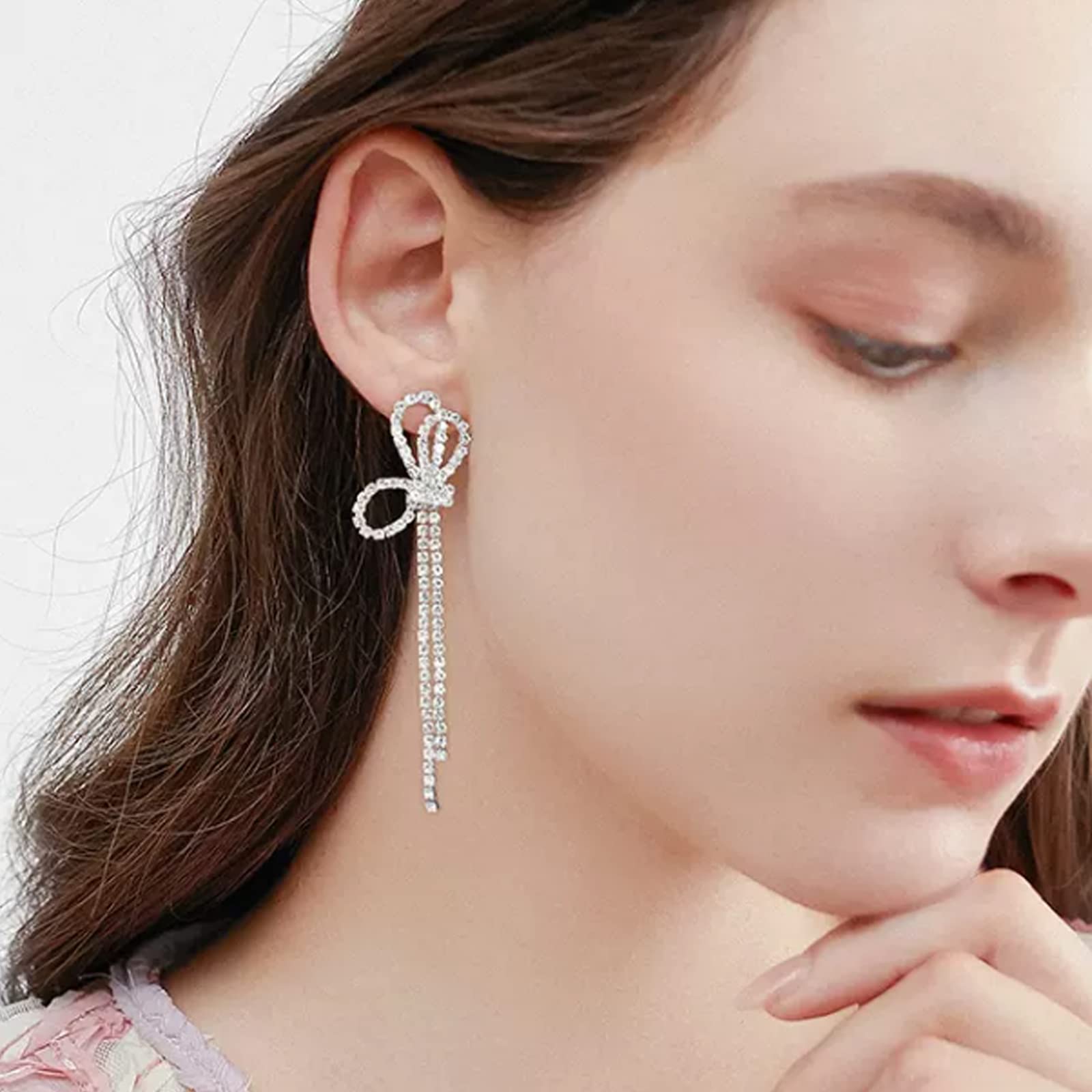 Luxval Rhinestone Earrings Dangling Bow Earrings for Women Sparkly Silver Dangle Earrings Girls Bow Drop Earrings Tassel Lightweight Ear Studs Cubic Zirconia Crystal Statement
