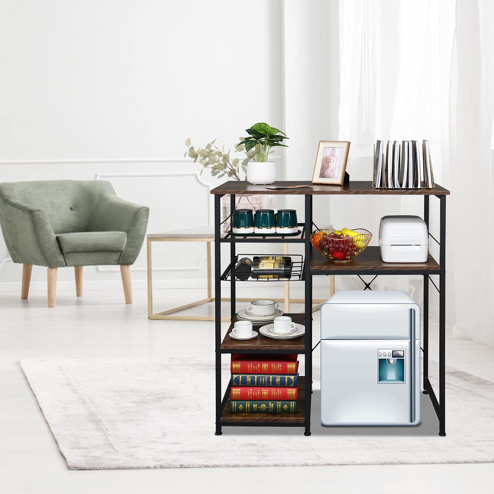 VINGLI Bakers Racks for Kitchens with Storage Mini Fridge Stand Bar Cabinet with Mini Fridge Space, Big Drawer, Wine Rack, Metal Frame Industrial Workstation Microwave Oven Stand 4-Tiers
