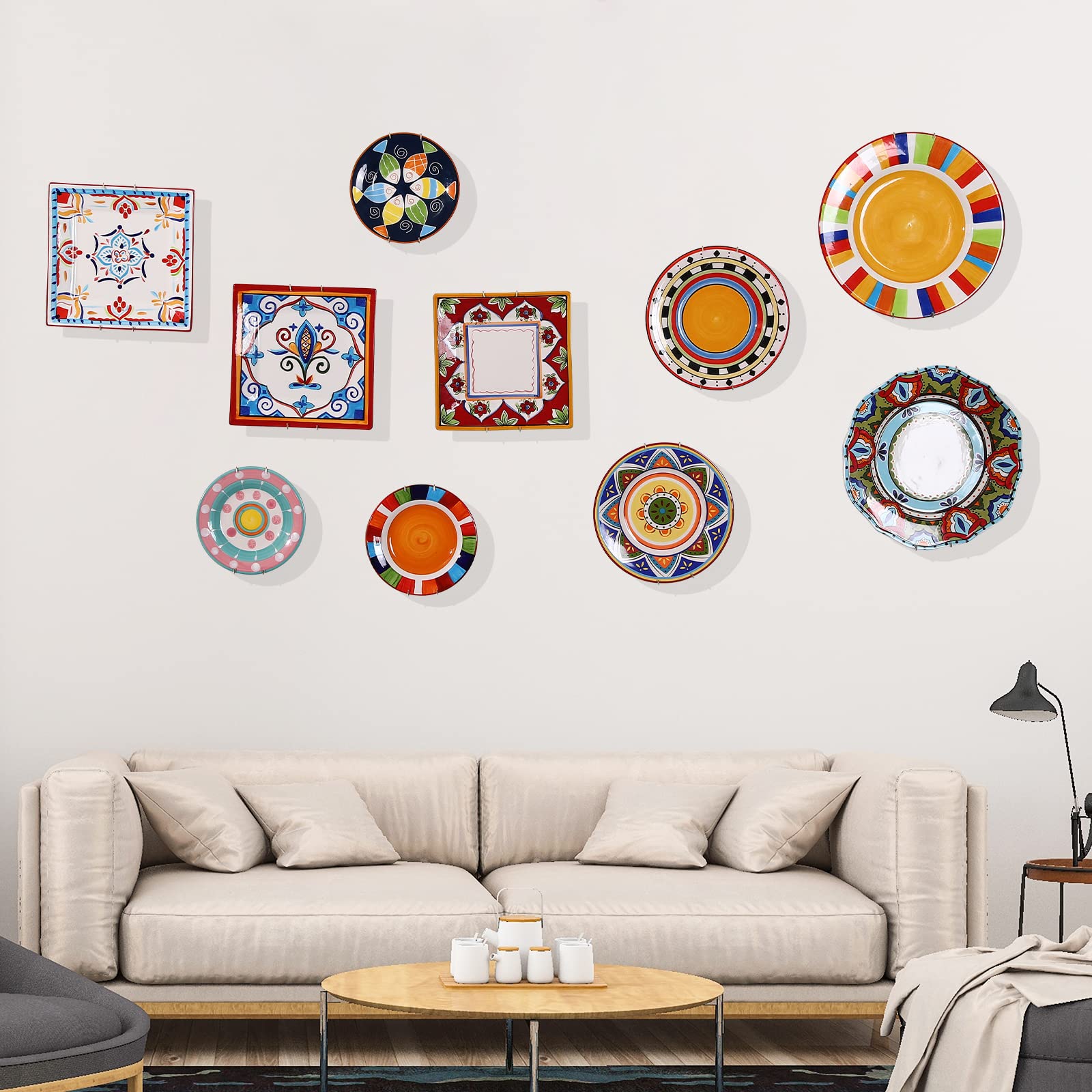 Fasunry 10-Piece Brass Plate Wall Hangers, 8 Inch Invisible Decorative Plate Holders, Comes with 12-Piece Wall Hooks
