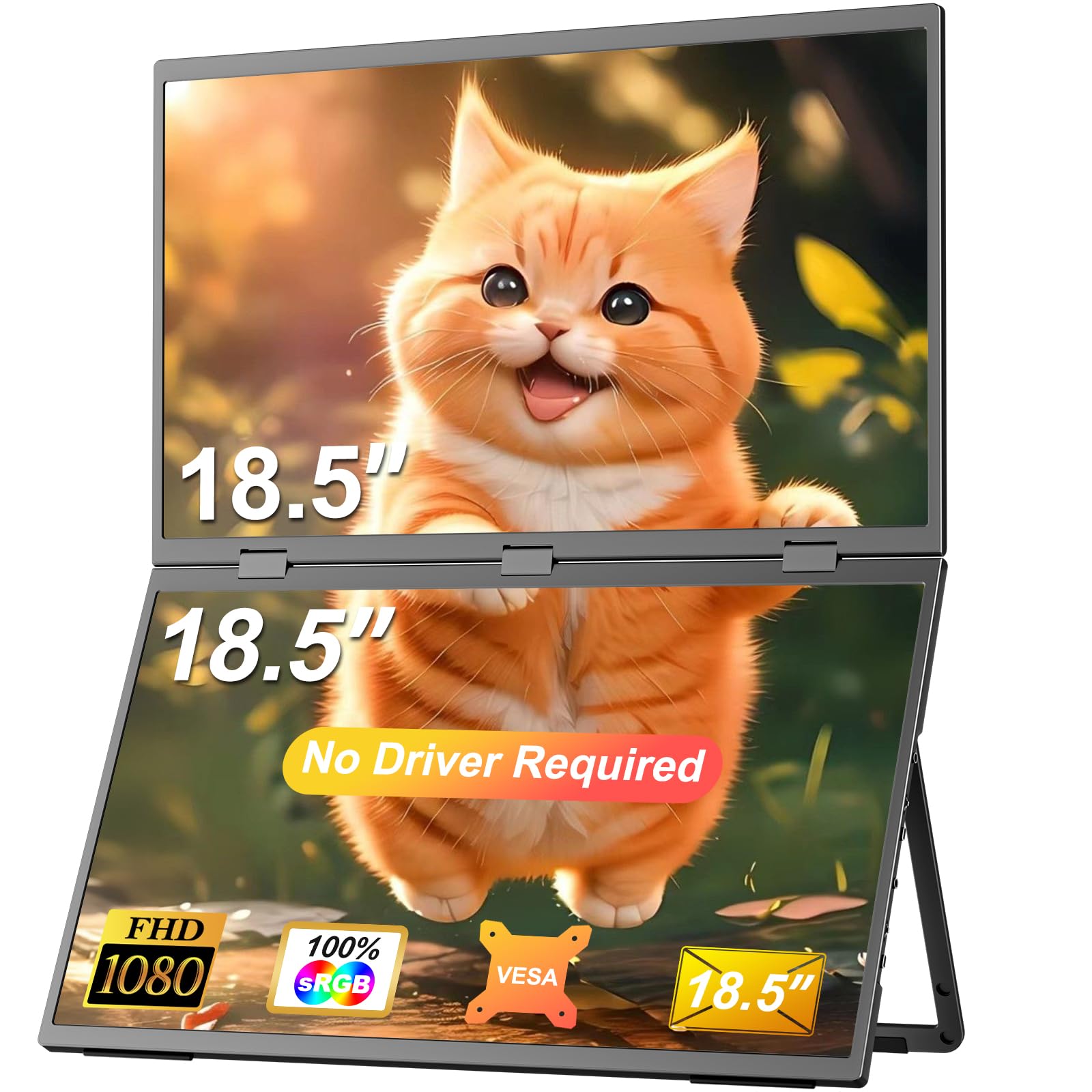 Triple Laptop Screen Extender, 18.5" 1080P FHD IPS Folding Stacked Dual Portable Monitor, USB-C Plug & Play Travel Extended Computer Display for Laptop PC Windows Mac w/Stand & VESA Mountable