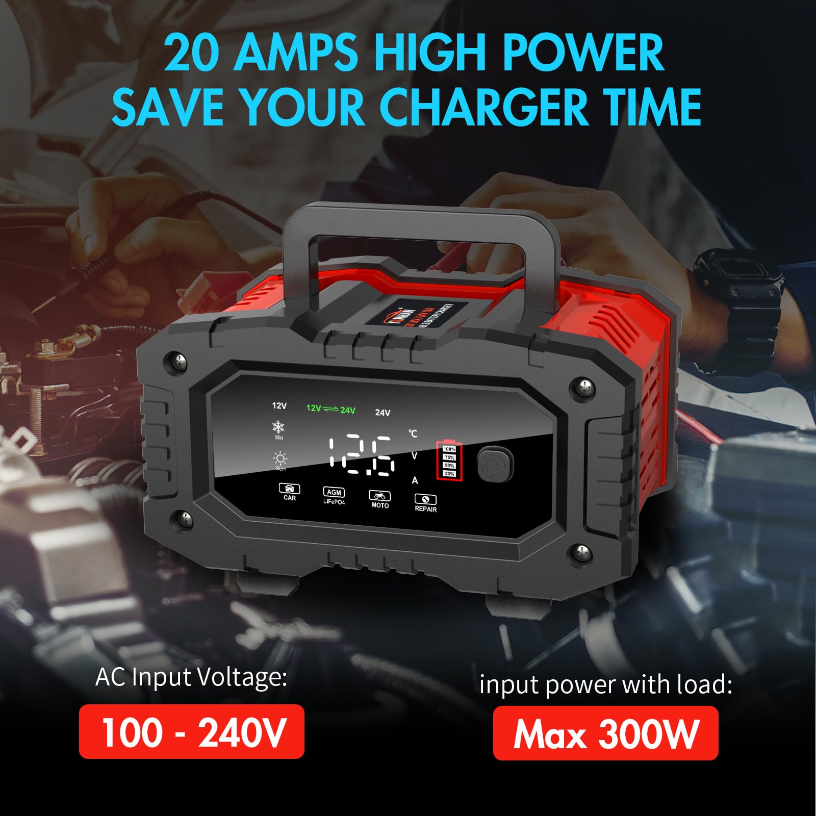 YONHAN Battery Charger 20A 12V/24V LiFePO4 Lead Acid Fully Automatic Battery Maintainer, Car Battery Trickle Charger Automotive w/Battery Repair, Winter Mode, for AGM, STD, Gel, Deep Cycle Batteries