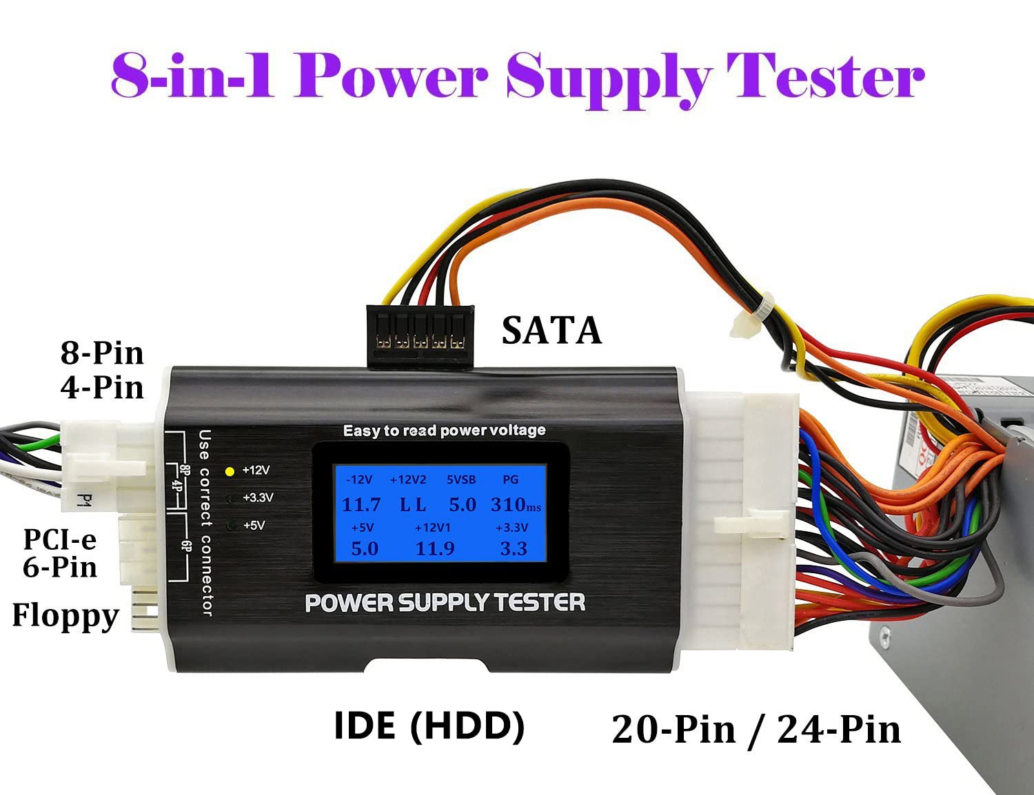 Computer PC Power Supply Tester, ATX/ITX/IDE/HDD/SATA/BYI Connectors Power Supply Tester, 1.8'' LCD Screen (Aluminum Alloy Enclosure)