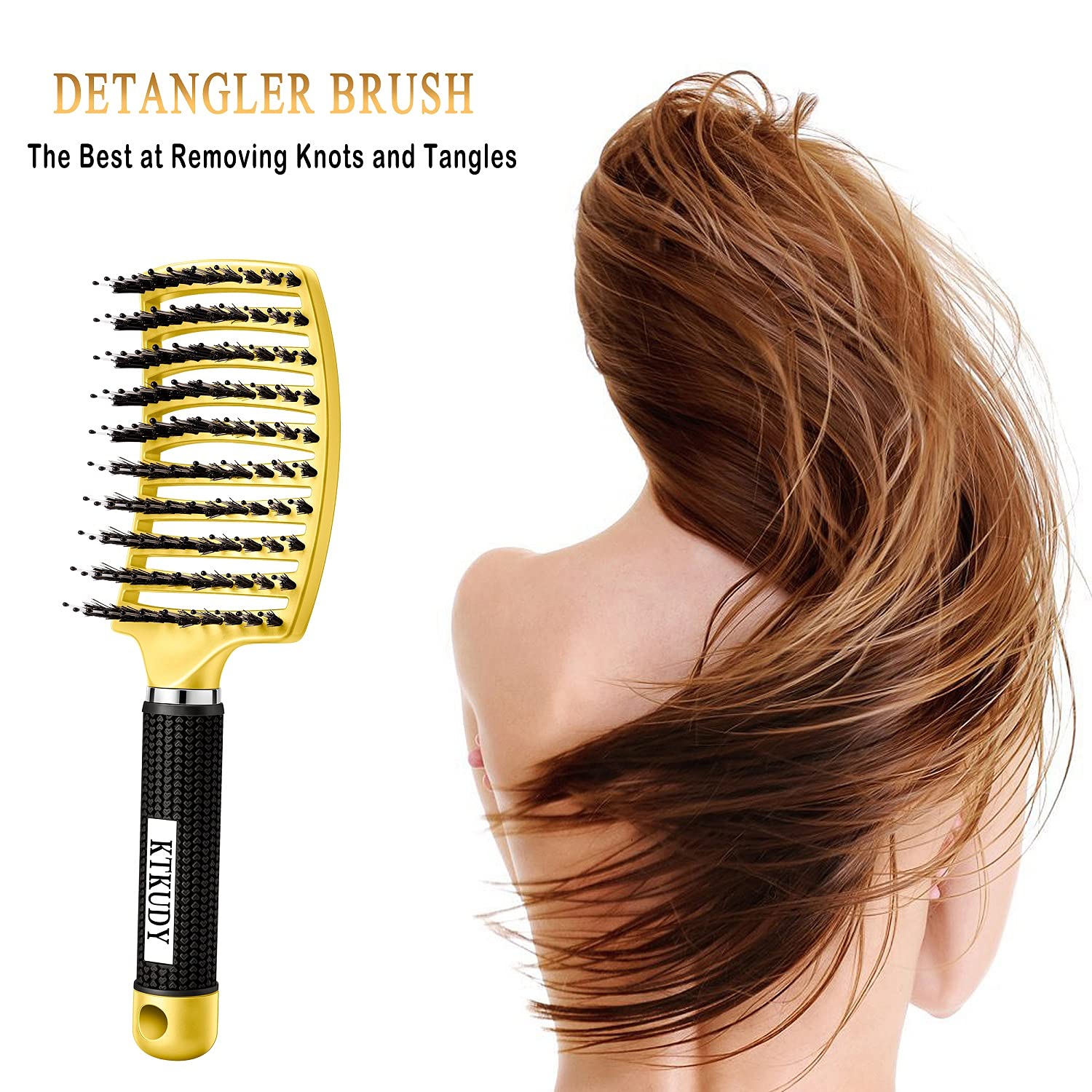 KTKUDY Detangling Brush Getting Knots Out without Pain - Boar Bristles Hair Brush Make Hair Shiny & Healthier Vented Detangler Brush for Women Men Kids Wet and Dry Hair (Yellow & Gold)