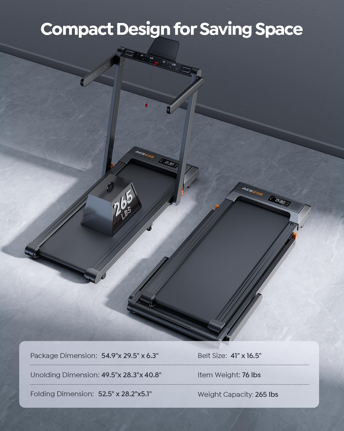 Acezoe 2 in 1 Foldable Treadmills for Home Small Office, 2.5HP Walking Pad Treadmill with Handle Bar, 300lbs Capacity, Under Desk Treadmill with Smart APPs, 12 HIIT Modes and Touch Screen