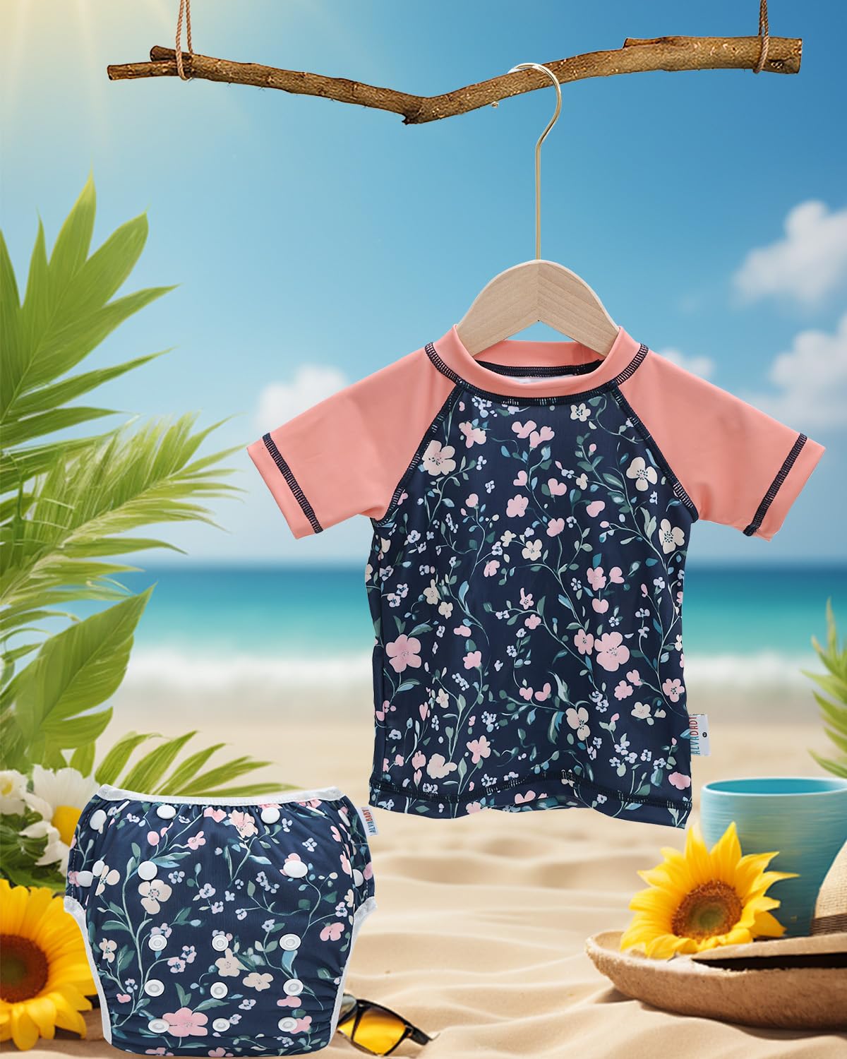 ALVABABY 2-Piece Baby Girl Swimsuit,Infant Toddler Bathing Short Sleeve Swimwear,Baby Reusable Swim Diaper with Matching Top 2T SWCJ12