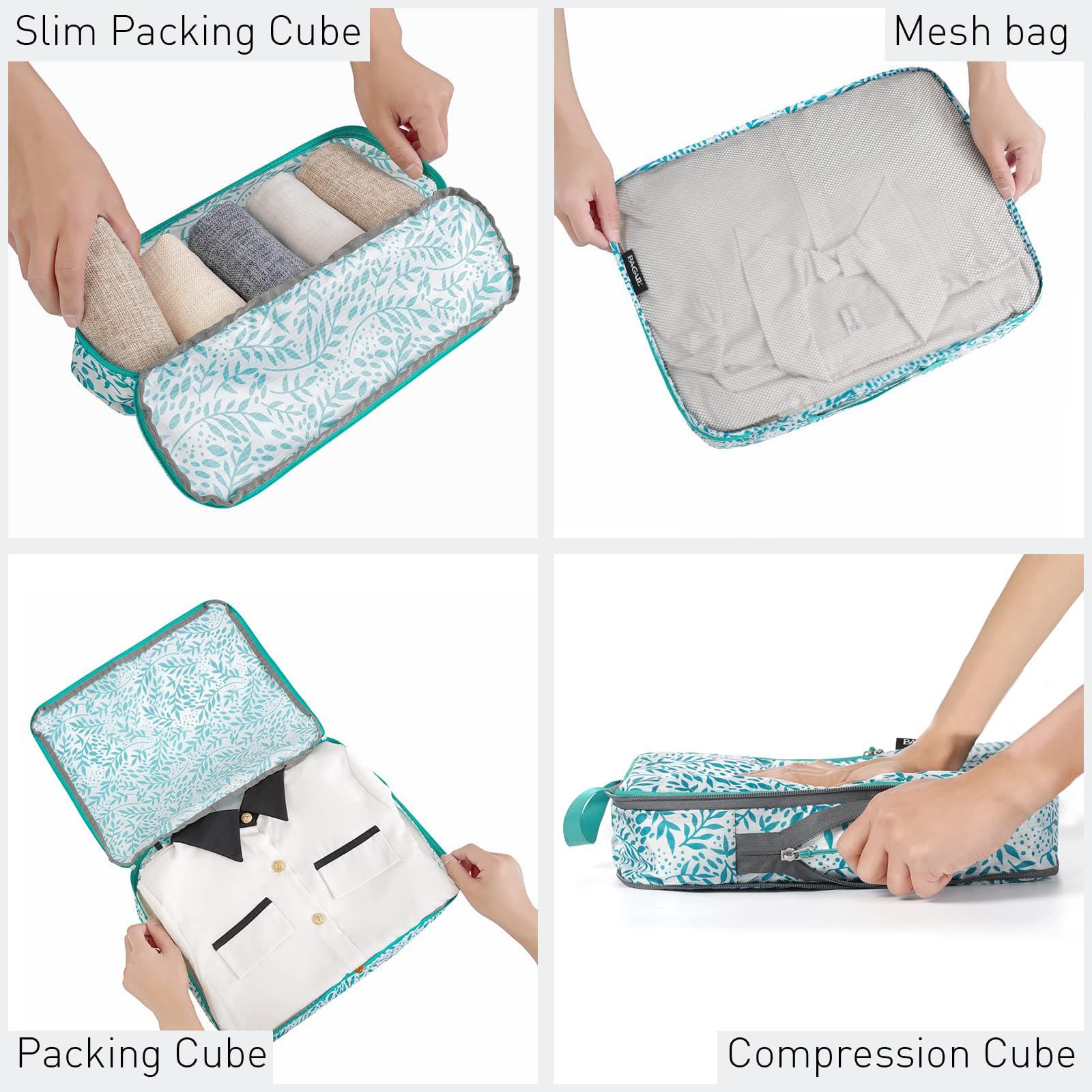 Bagail Ultralight 3 Compression Packing Cubes 3 Packing Organizers With 1 Shoe Bag-Leaf, 7 Set