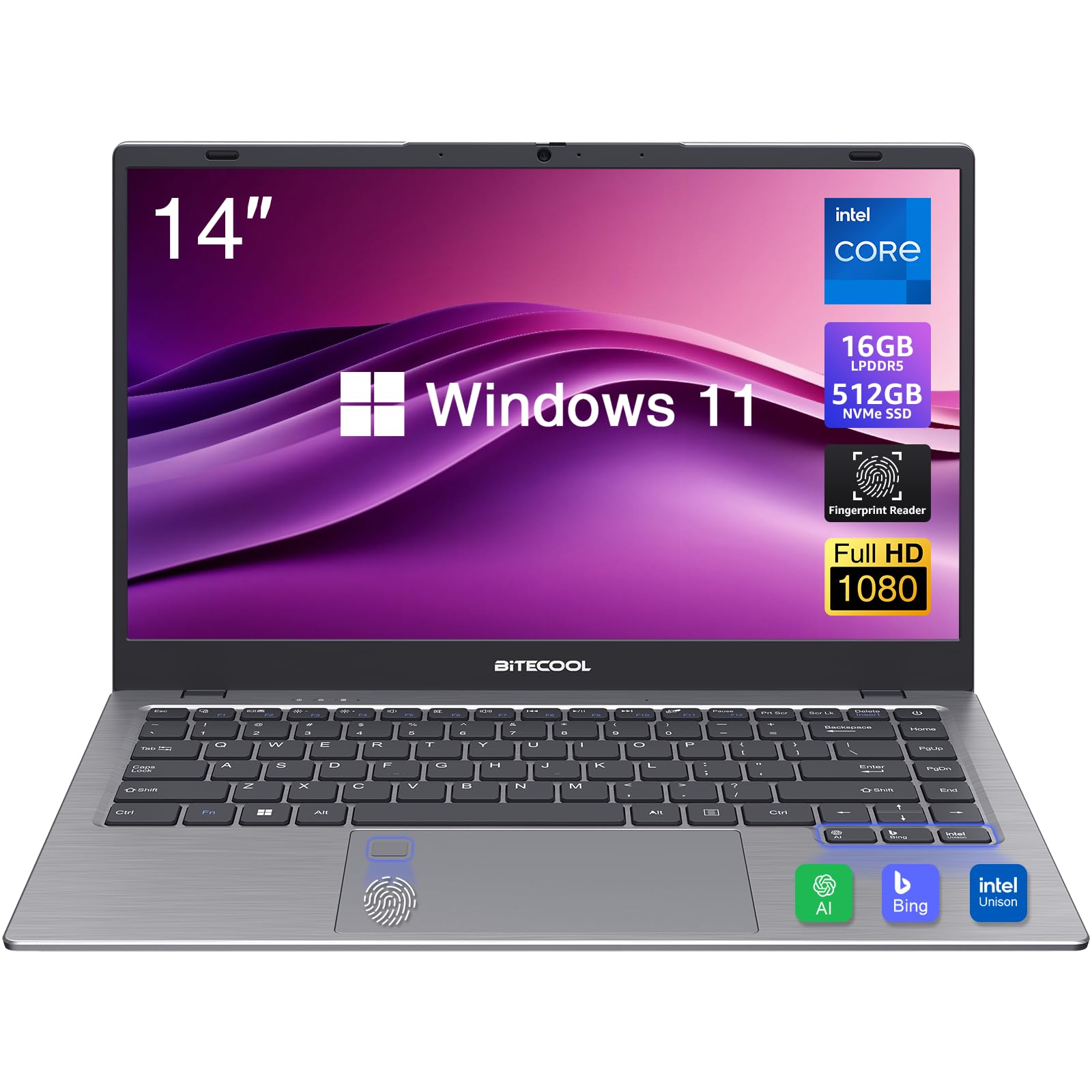 BiTECOOL 14-inch Windows 11 Laptop Computer, 16GB RAM 512GB NVMe SSD Laptop, Intel Core N95 Processor up to 3.4GHz, FHD IPS Display, 2.4G/5G WiFi, BT 5.0, RJ45, Type C, Webcam and Fingerprint Reader