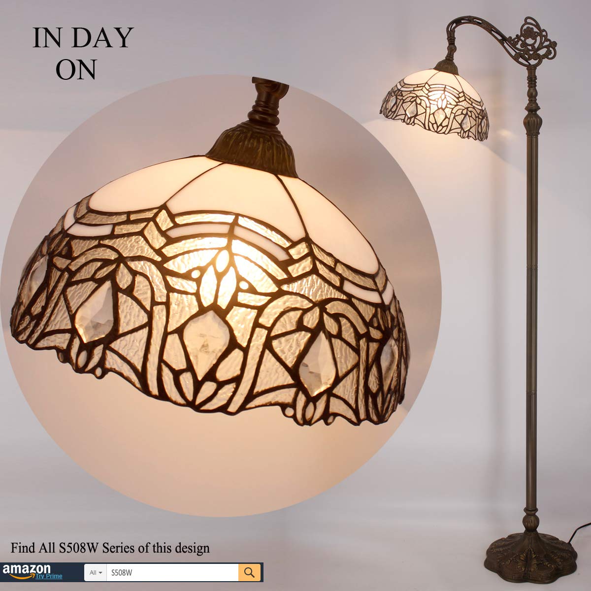 WERFACTORY Tiffany Floor Lamp White Crystal Bent Stained Glass Arched Lamp 12X18X64 Inches Gooseneck Adjustable Corner Standing Reading Light Decor Bedroom Living Room S508W Series