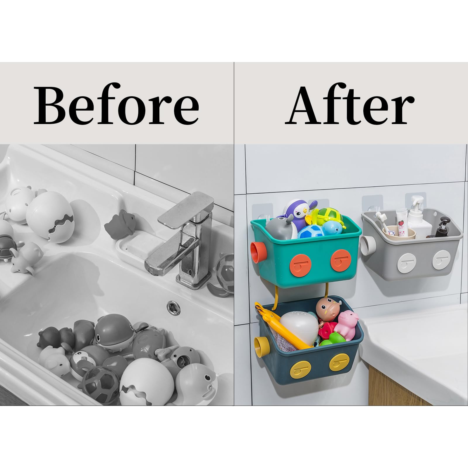 LUFOFOX Bath Toy Storage Organizer Basket, 3 Layers Colorful Robot Modeling Wall Mounted Kids Hanging Shower Caddy with Hooks for Shampoo