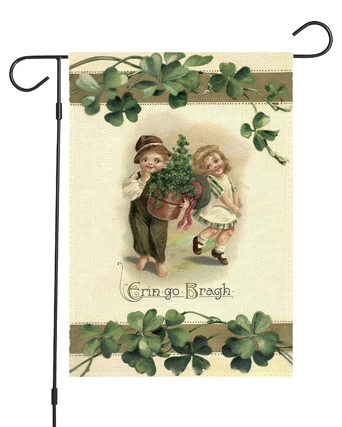 St. Patrick's Day Garden Flag - 'Erin Go Bragh' Vintage Children & Shamrocks - 12x18 Inch Irish Celebration Outdoor Banner for Home & Yard Decor