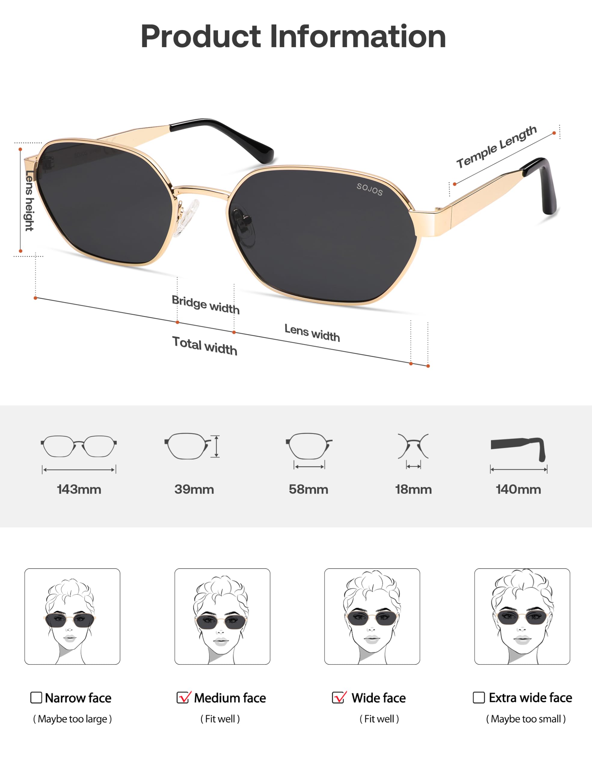 SOJOS Trendy Polarized Hexagon Sunglasses for Women Men, UV400 Retro Rectangle Shades SJ1238, Gold/Grey