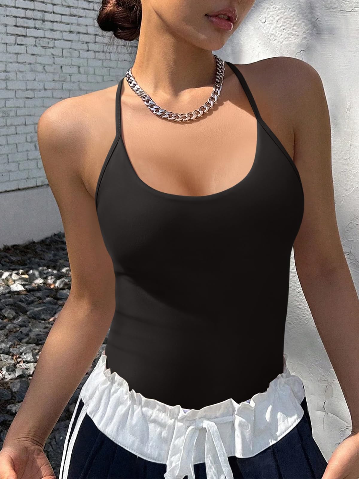 REORIA Women's Sexy Scoop Neck Backless Bodysuits Open T-Back Cami Sleeveless Bodysuit Tank Top Trendy Black Small