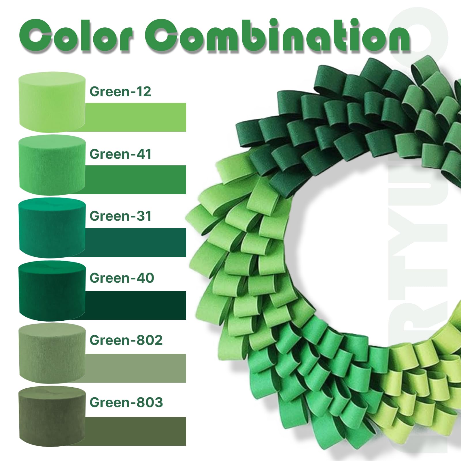 PartyWoo Green Crepe Paper Streamers 10 Rolls 820 ft Pack of Gold and Shades Sage Green Crepe Paper for Graduation Wedding Jungle Birthday Party Decorations (1.8 Inch x 82 Ft/Rolls)