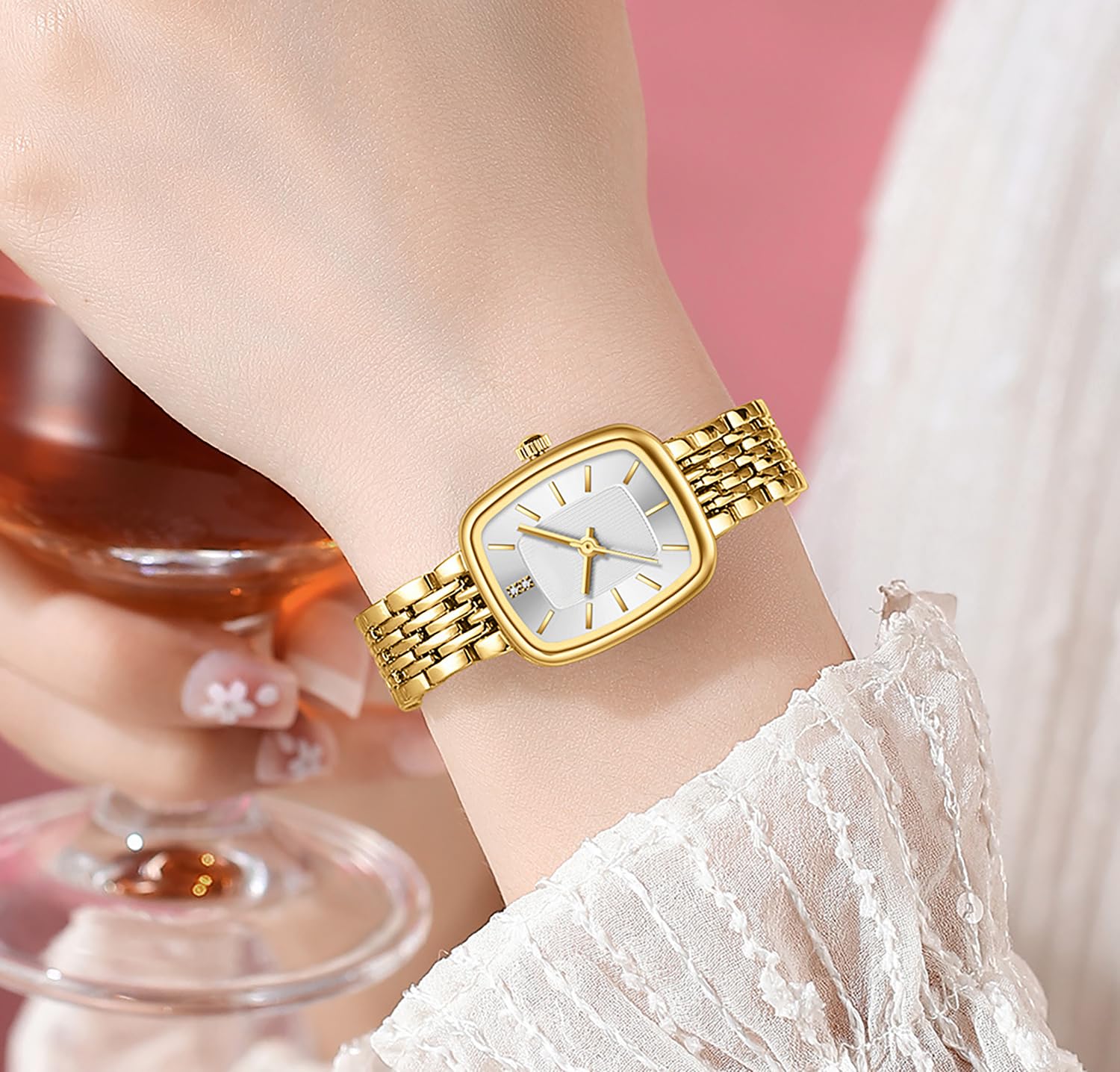 BESTKANG Women's Casual Fashion Rectangular Watch Quartz Wrist Watches with Stainless Steel Bracelet,Waterproof. (Gold White)