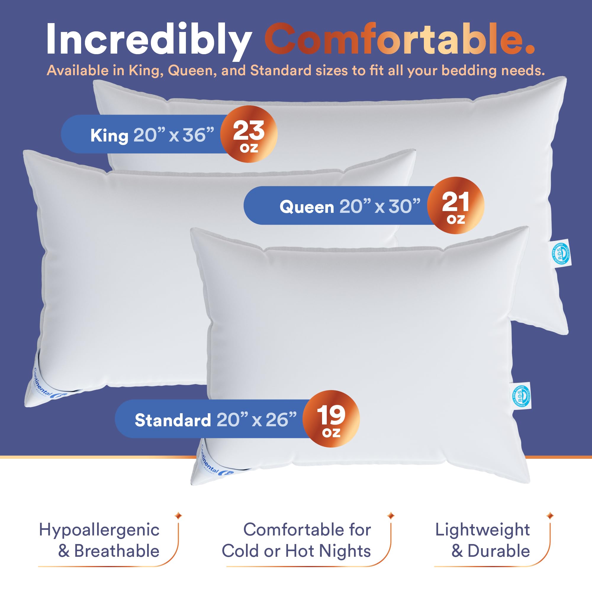 Continental Bedding 100% Siberian Goose Down Pillow 800 Fill Power, Medium, Queen, White