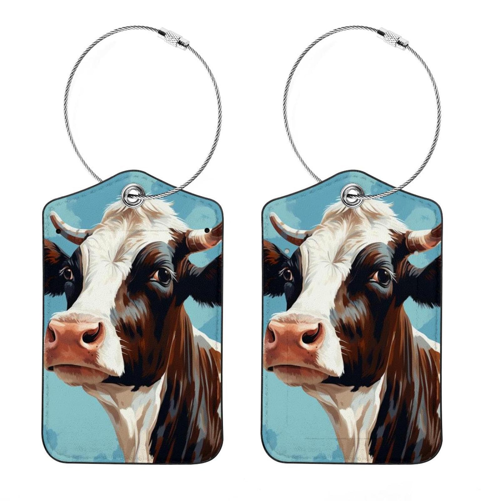 Beautiful CowBright and Personalized Luggage Tags, Set of 2 Metal Loop Lock Baggage Tags with Privacy Flap Cover