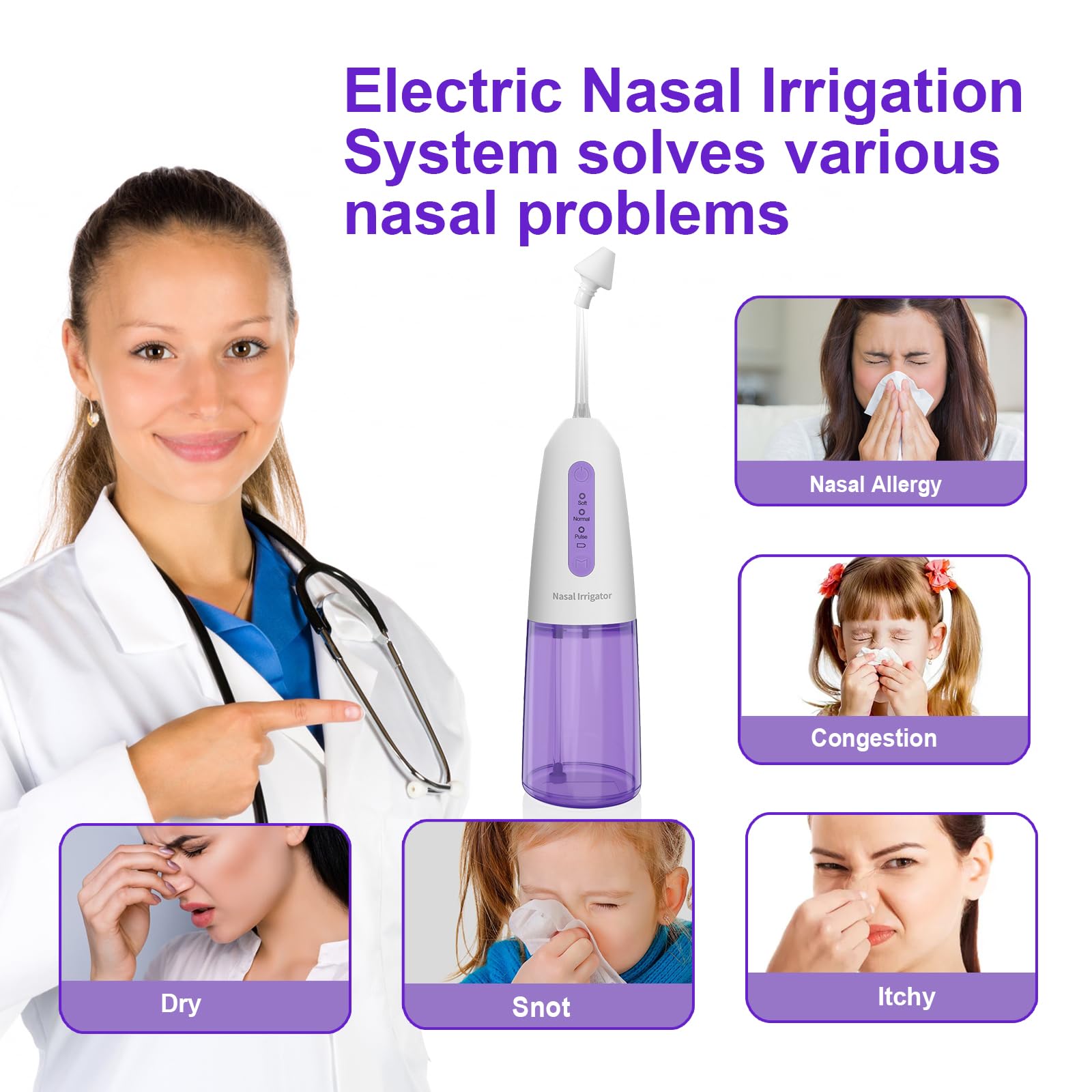 Outstart Nasal Irrigation System - Sinus Rinse Kit Cordless Sinus Cleaner Machine, Electric Neti Pot with 9 Tips and 40 Salt Packs Nasal Rinse Machine 3 Cleaning Mode for Home Travel