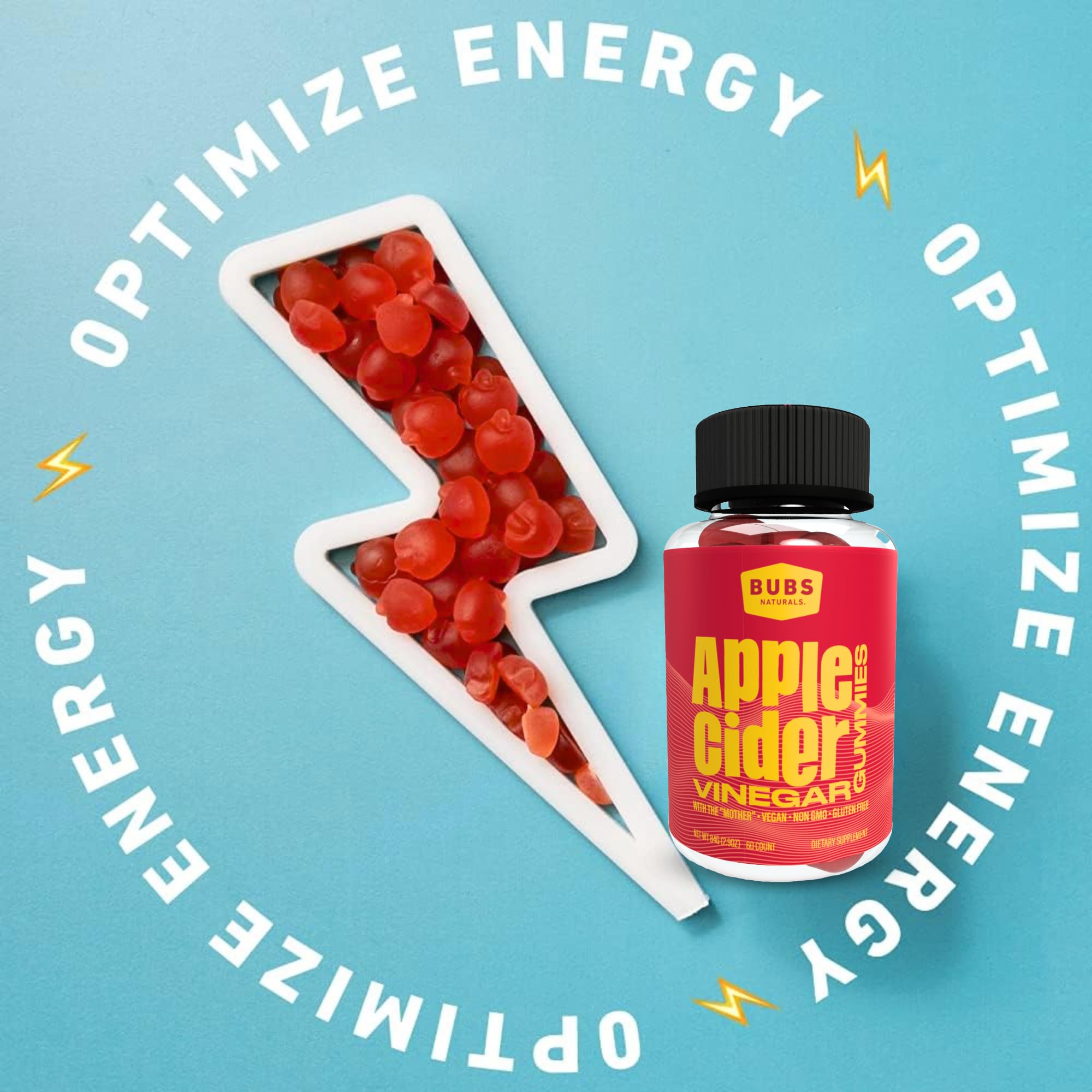 BUBS Naturals Apple Cider Vinegar Gummies - with The Mother - All Natural Vegan ACV Gummy Vitamins - Supports Detox, Digestion - Energy Booster with B Vitamins - 60 Count