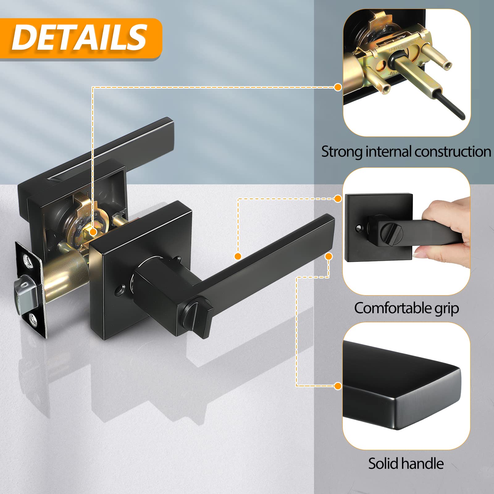 LEIFIDE 15 Pcs Privacy Interior Door Levers Heavy Duty Square Design Door Handles Matte Black Knob Interior Bedroom and Bathroom Door Handle Keyless Hardware Reversible for Right Left Handed Door