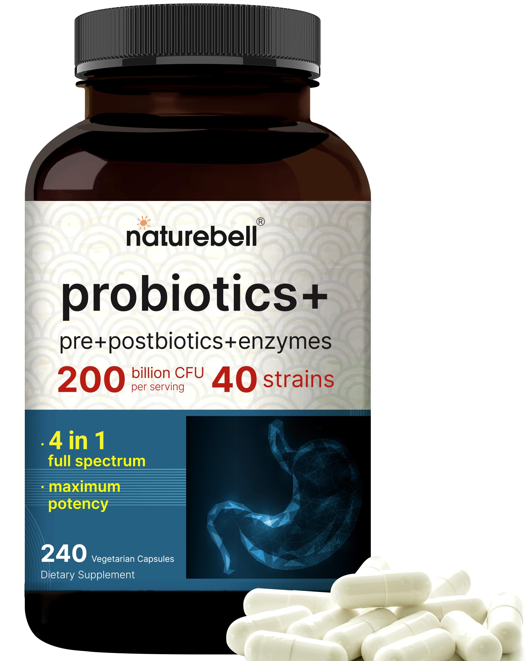 Probiotic 200 Billion CFU – 40 Strains Per Serving | 240 Veggie Capsules with Prebiotics and Probiotics for Digestive Health – Gut Health & Bloating Support | Daily Probiotics for Women & Men
