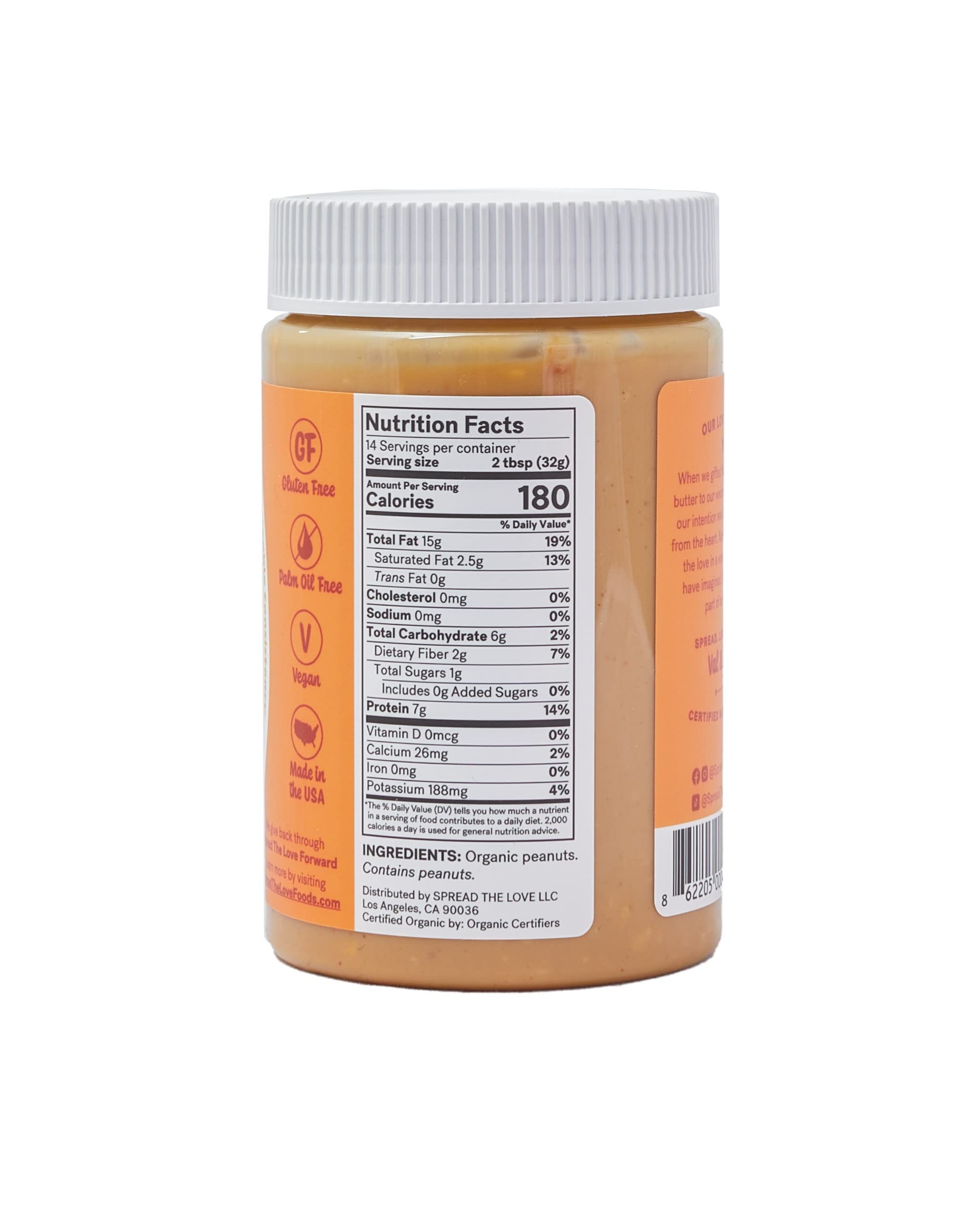 Spread The Love NAKED CRUNCH Organic Peanut Butter (Organic, All Natural, Vegan, Gluten-free, Creamy, Dry-Roasted, No added salt, No added sugar, No palm oil) (1-Pack)