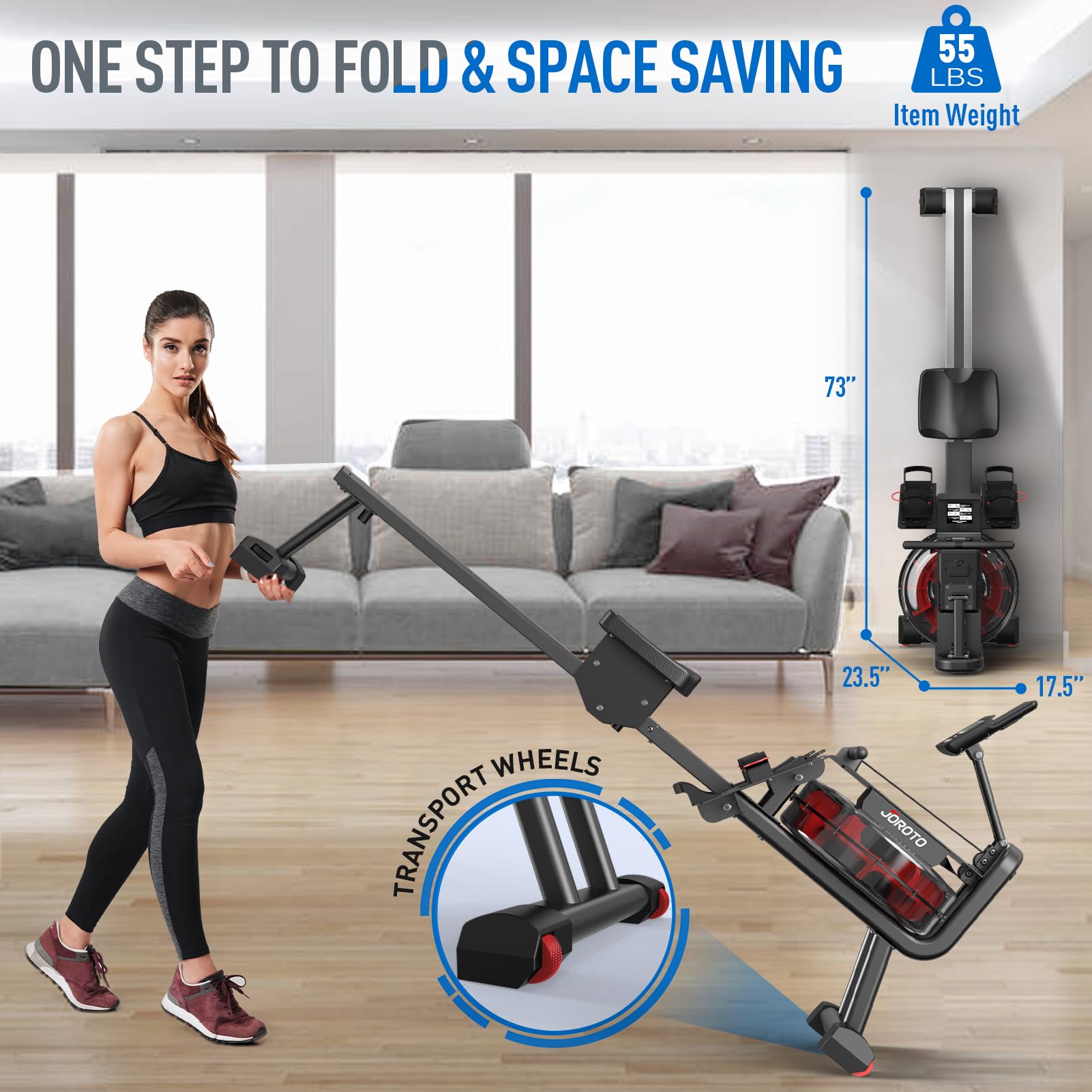 JOROTO MR23 Water Rowing Machine for Home Use, 300 Lbs MAX Weight Capacity Rower Machine with Bluetooth Function, Ipad Holder, 44 Days Kinomap Subscription