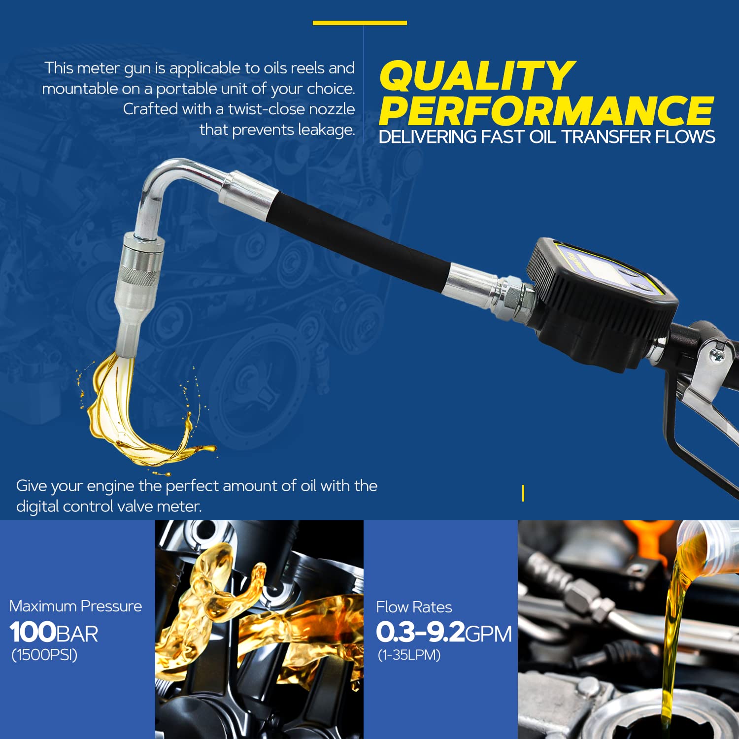 GOODYEAR Digital Oil Control Valve Meter Nozzle 10 GPM / 35 LPM Heavy Duty Air Operated Pneumatic 1/2" inch NPT Inlet Pressure Range 7-1500 Psi 5-100 Bar with Flexible Spout (Not for Gasoline)