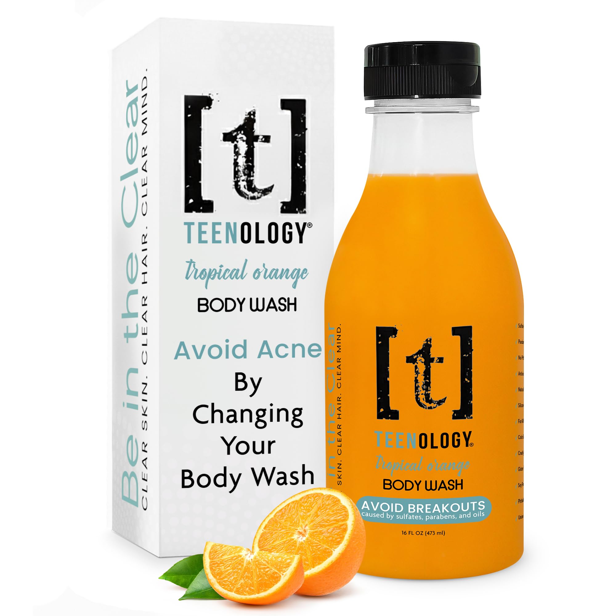 Teenology Body Wash for Teens - Avoid Body Acne and Breakouts - Sulfate and Paraben Free, Natural Botanical Extracts (Tropical Orange)