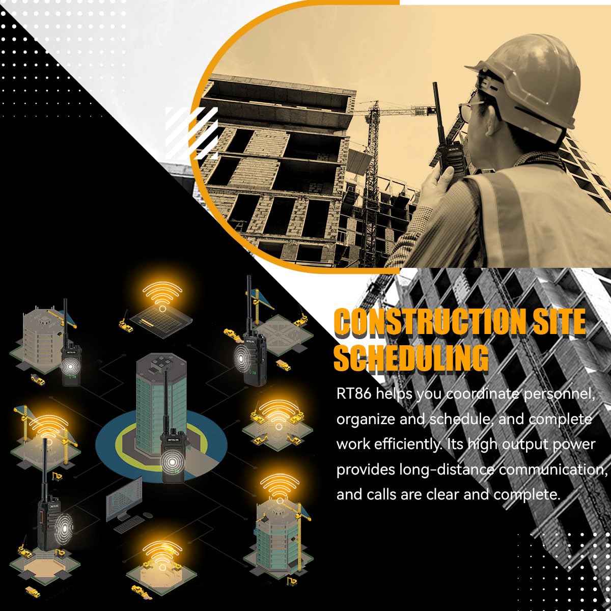 Retevis RT86 Long Range Walkie Talkies for Adult, High Power 2 Way Radios, Heavy Duty Two Way Radios, Shatterproof Display, 2600mAh, for Commercial Construction(6 Pack)