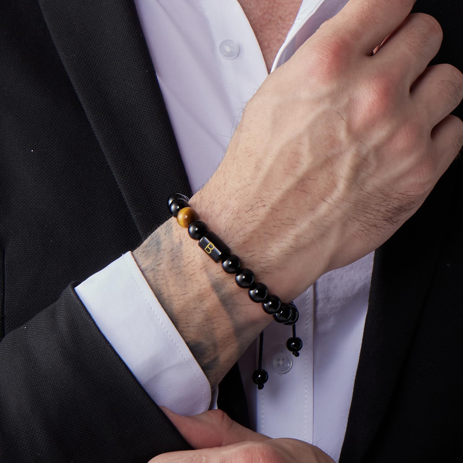 FRG To My Men,Initials Bracelets for Men Letter Link Handmade Natural Black Onyx Tiger Eye Stone Beads Braided Rope Meaningful Bracelet for Boyfriend Husband Birthday Fathers Gifts(C)