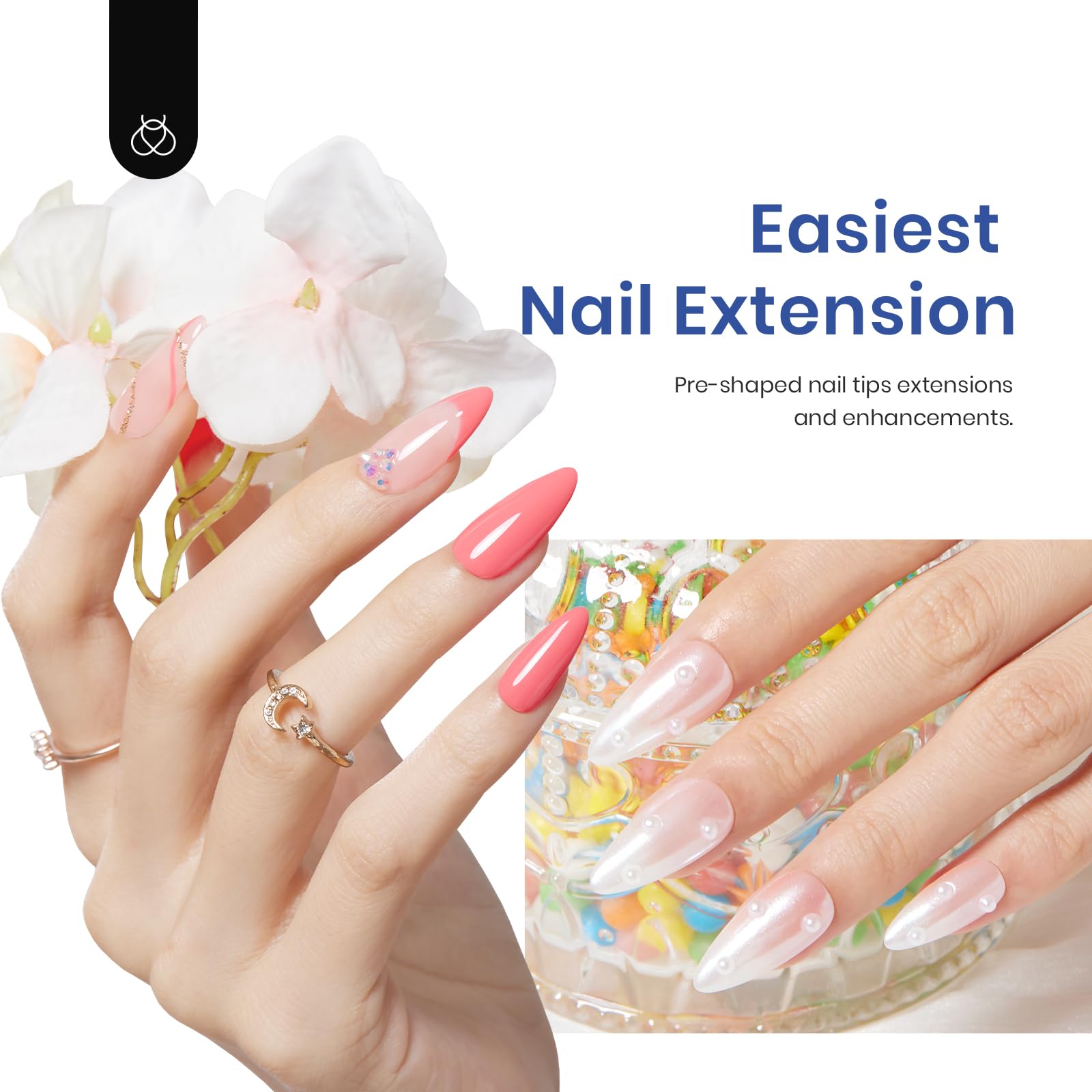 Beetles Gel Nail Kit Almond Nail Tips Easy Nail Extension Set 5 In 1 Nail Glue Gel with Pre shaped Medium Almond Nail Tips and UV Nail Lamp Acrylic Nail Clipper for Nail Art Diy