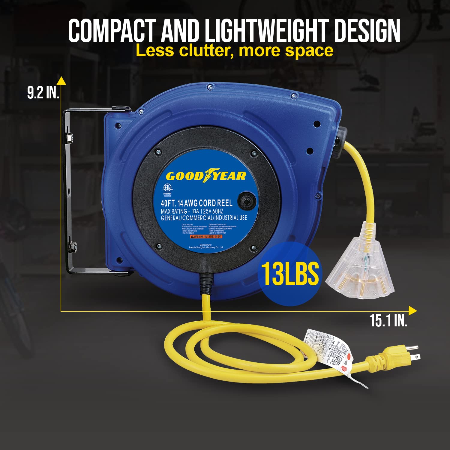 GOODYEAR Extension Cord Reel Extra Long 40 ft 14AWG 3C SJTOW, Triple Tap Connector, Heavy Duty, Slow Retraction Stop At Any Point