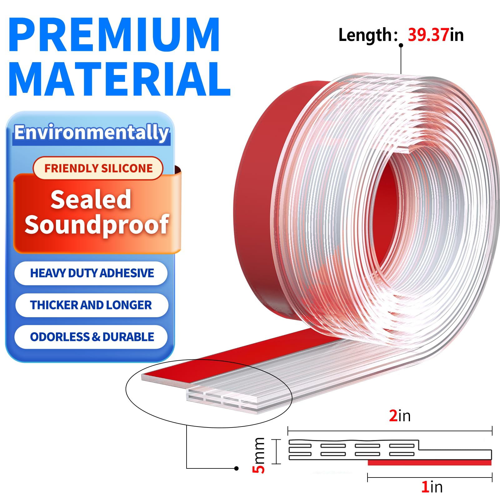 Silicone Door Draft Stopper, Phixbear Transparent Weather Stripping Door Seal, Exterior Door Draft Stopper Heavy Duty Adhesive, Suitable for Windproof, Warmth and Sound Insulation Under Doors 2" x 39"