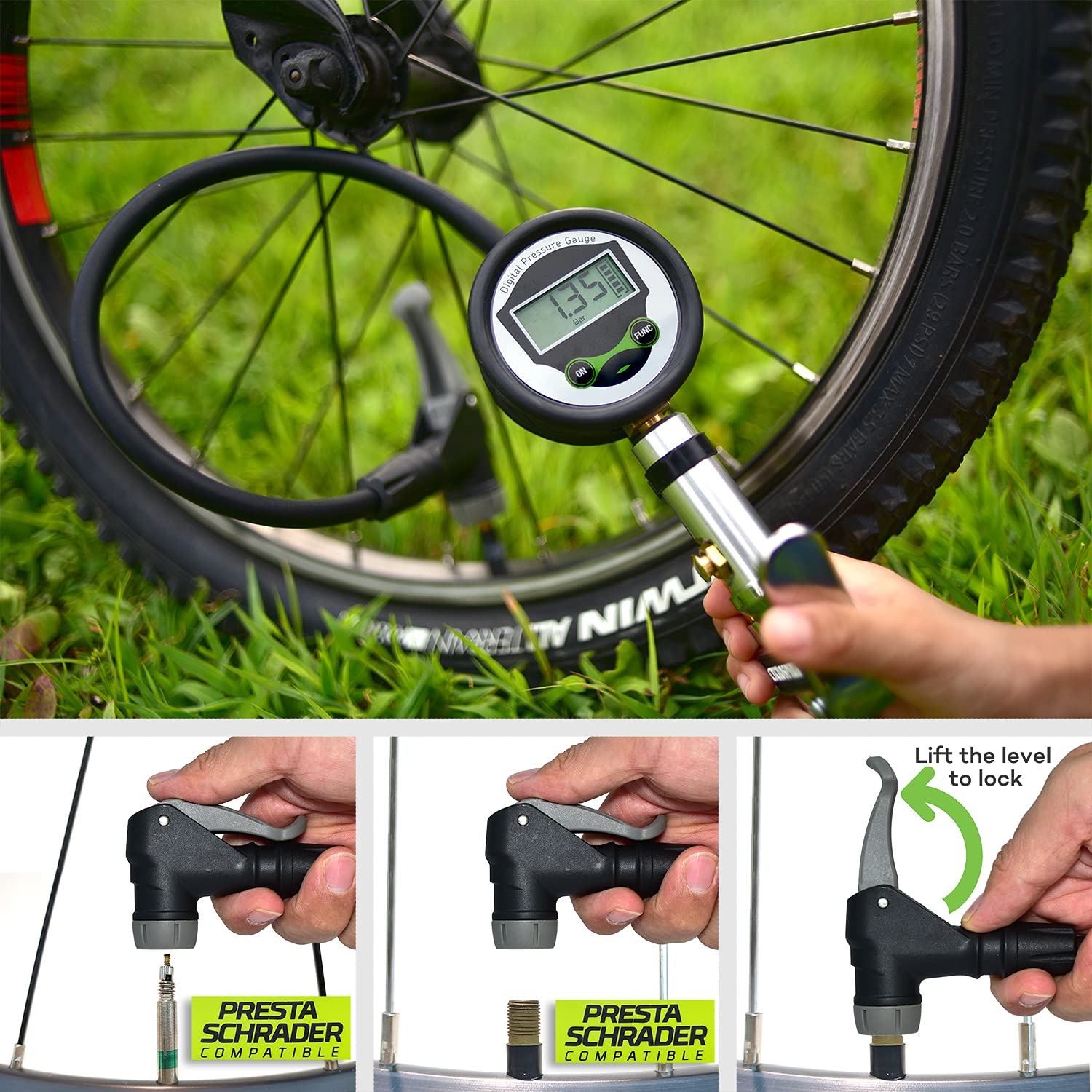 Digital Bicycle Tire Inflator Gauge with Auto-Select Valve Type - Presta and Schrader Air Compressor Tool