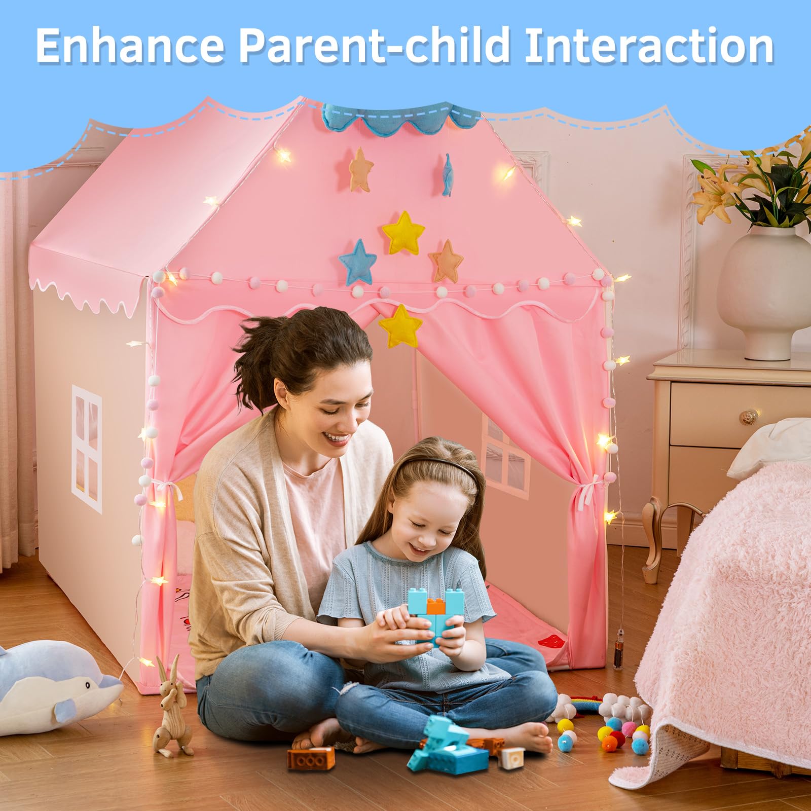 Kids Tent with Padded Mat, Kids Play Tents for Toddlers, Pink Girls Princess Tents Playhouse for Indoor Outdoor, Tent Gift Toys for Girl Toddler Children, 47x39x51inch