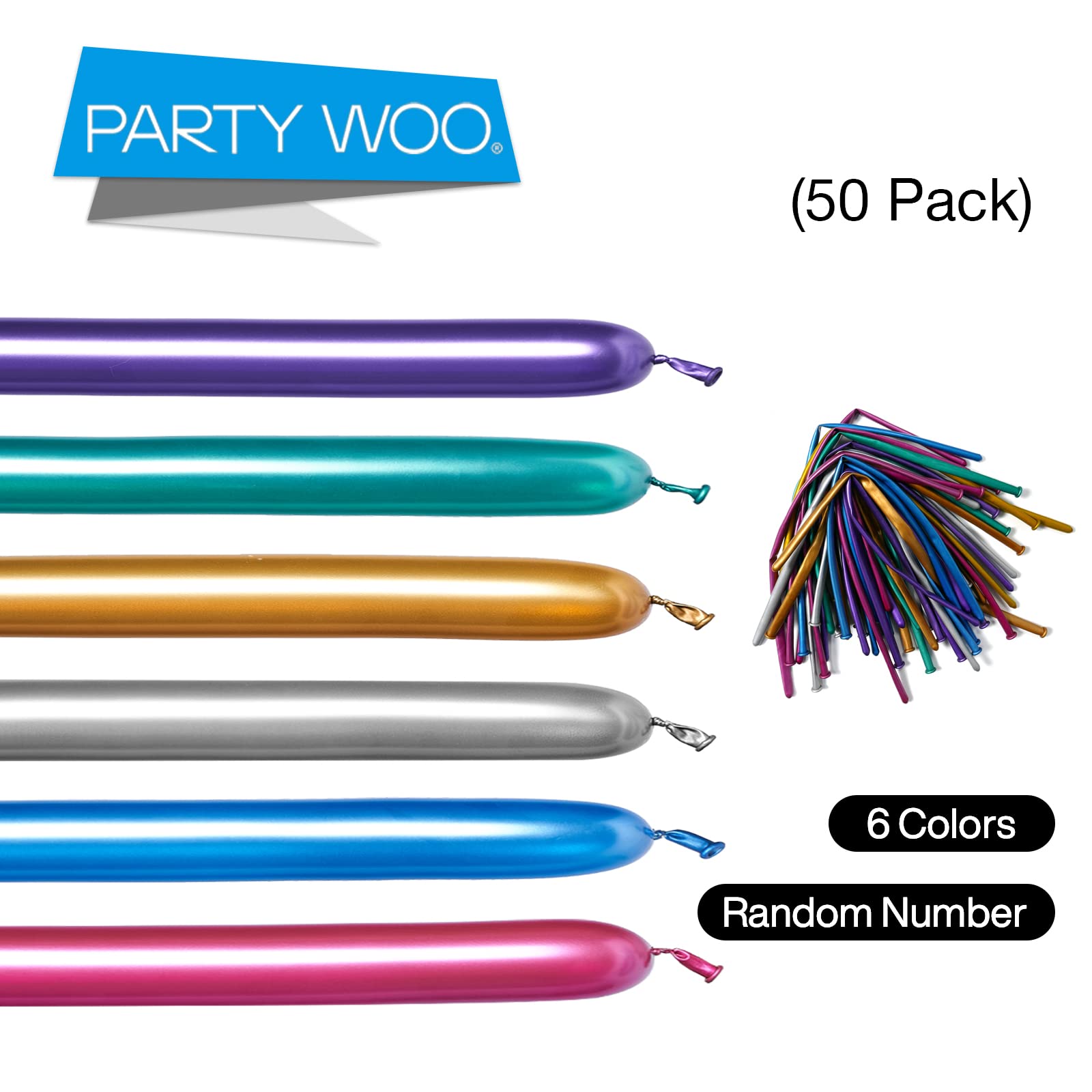 PartyWoo Metallic Twisting Balloons, 50 pcs Long 260Q Modelling in 6 Metallic Colors, Magic Animal Balloons for Children's Party, Carnivals, Jungle Party