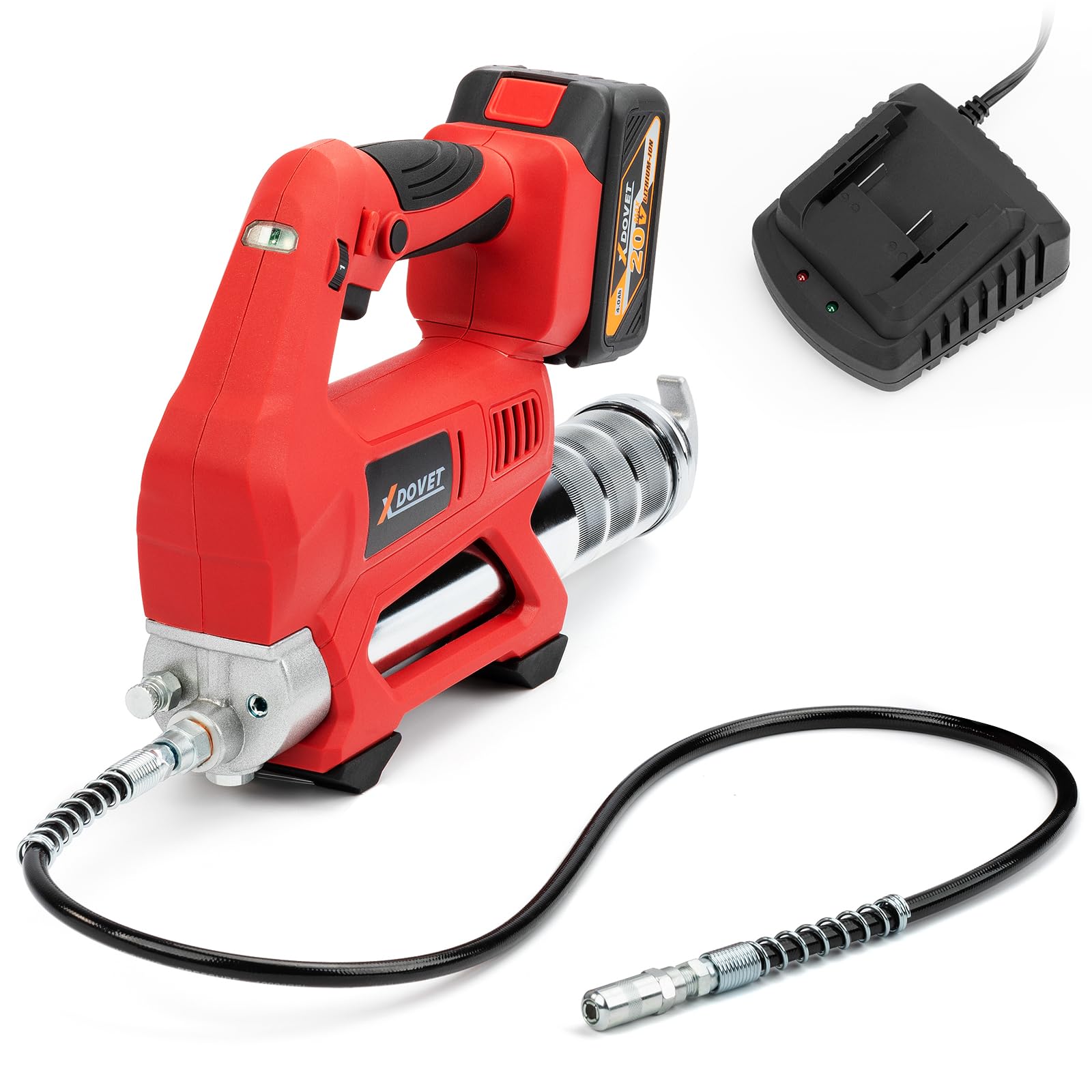 XDOVET Cordless Grease Gun Battery Powered 18V Professional Electric Grease Gun Kit with 10000 PSI Maximum Grease Capacity 14 OZ with 30-inch Flexible Hose 4 Point Base