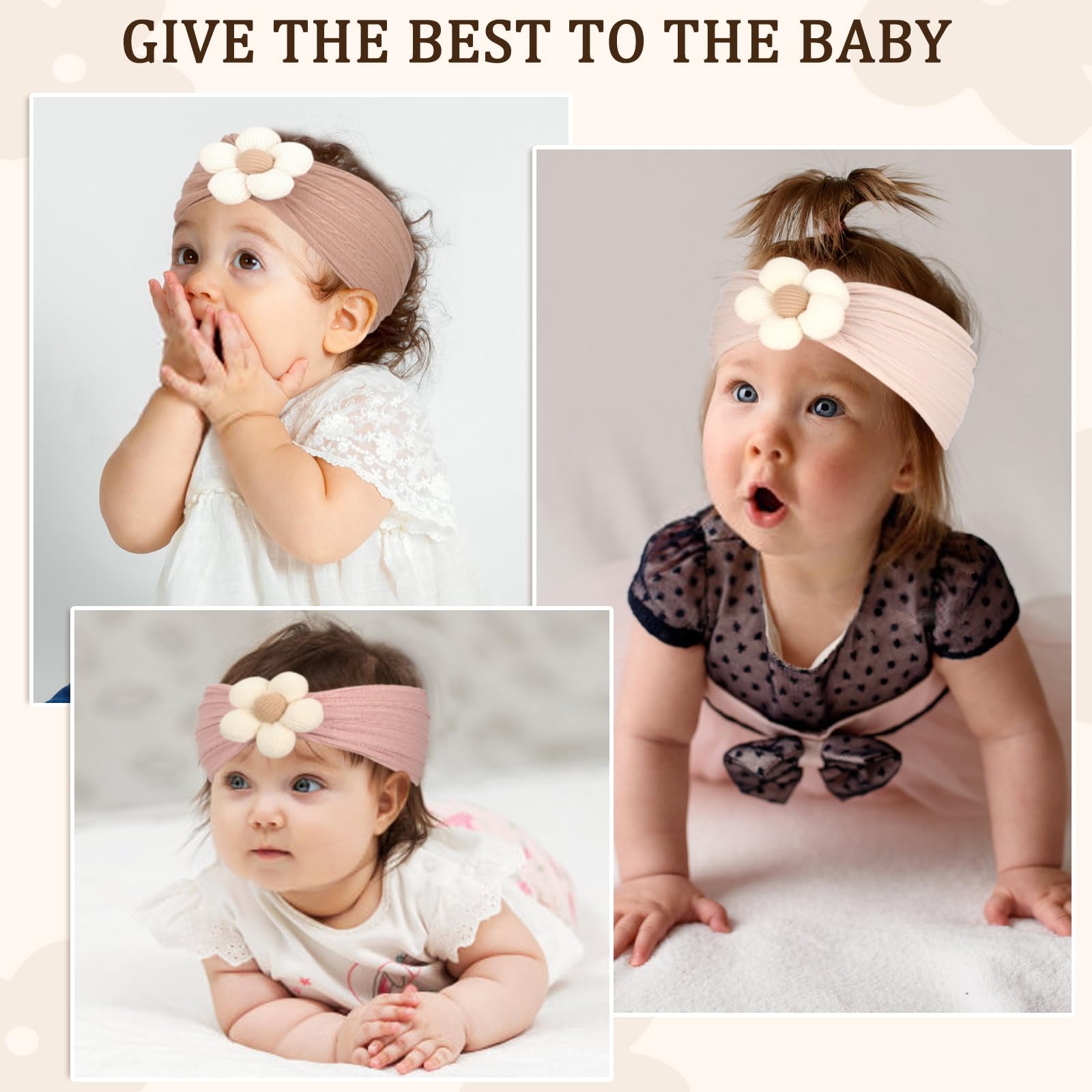 MIUXUESO 3 Pcs Baby Flower Headbands Baby Girls Nylon Headbands Soft Hairbands Hair Accessories for Newborn Infant Toddler Kids(Beige Pink Khaki)