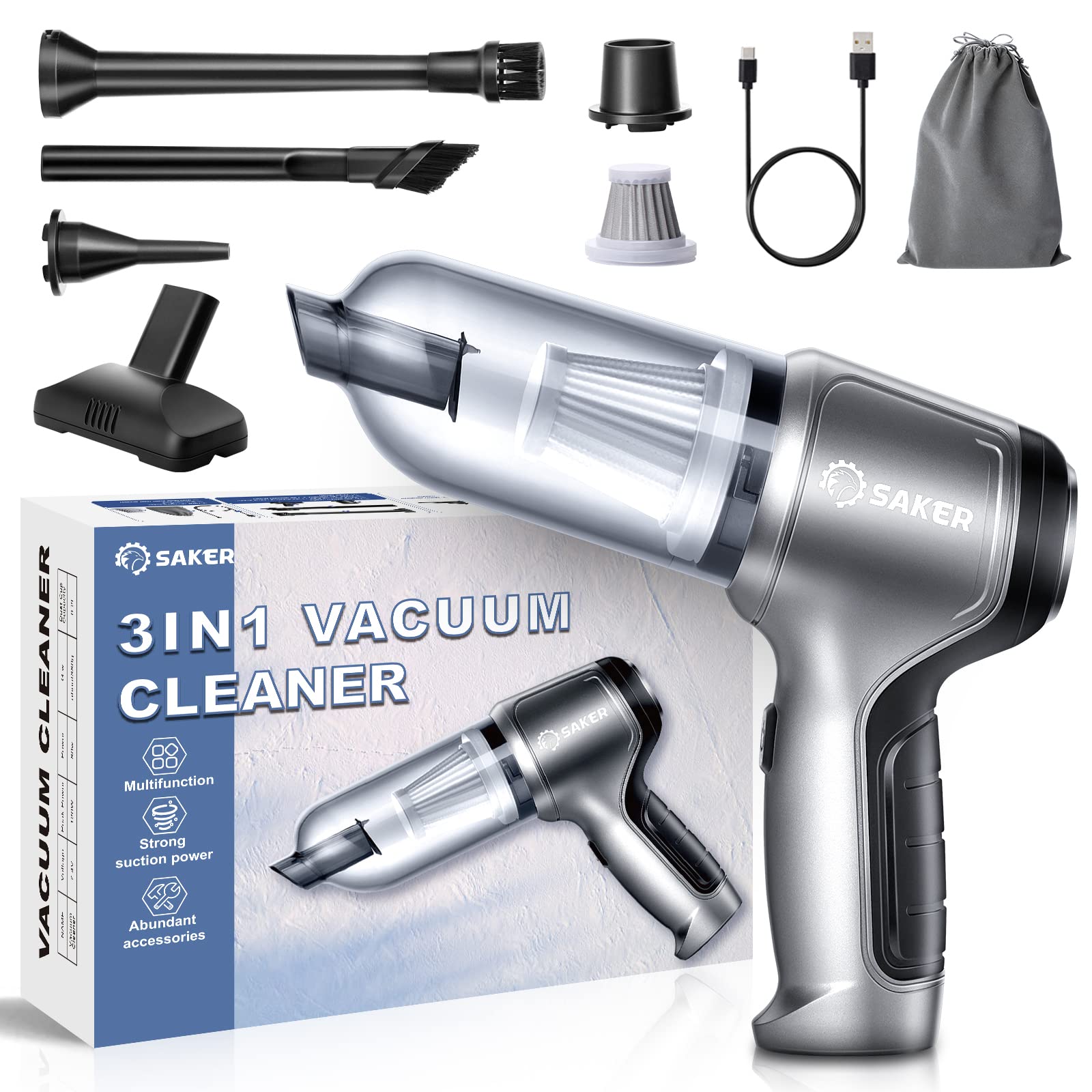 Saker Handheld Vacuum Cleaner Car - Wireless Mini Vacuum Cleaner 3 in 1 Multifunctional Brushless Motor 12000PA with USB-C,Portable Handheld Car Vacuum Cleaner for Keyboard Cleaning, Outdoor and Home