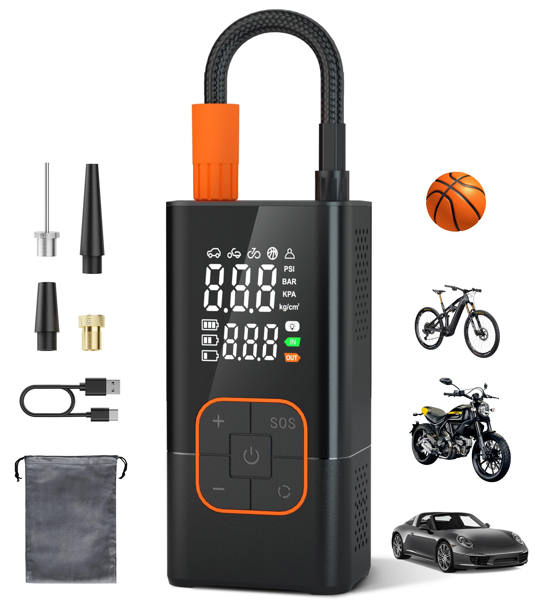 Tire Inflator Portable Air Compressor-150PSI Bike Pump, 20000mAh Air Pump Cordless with Tire Pressure Gauge LED Lights, Portable Tire Inflator for Car, Bike, Motorcycle, Ball