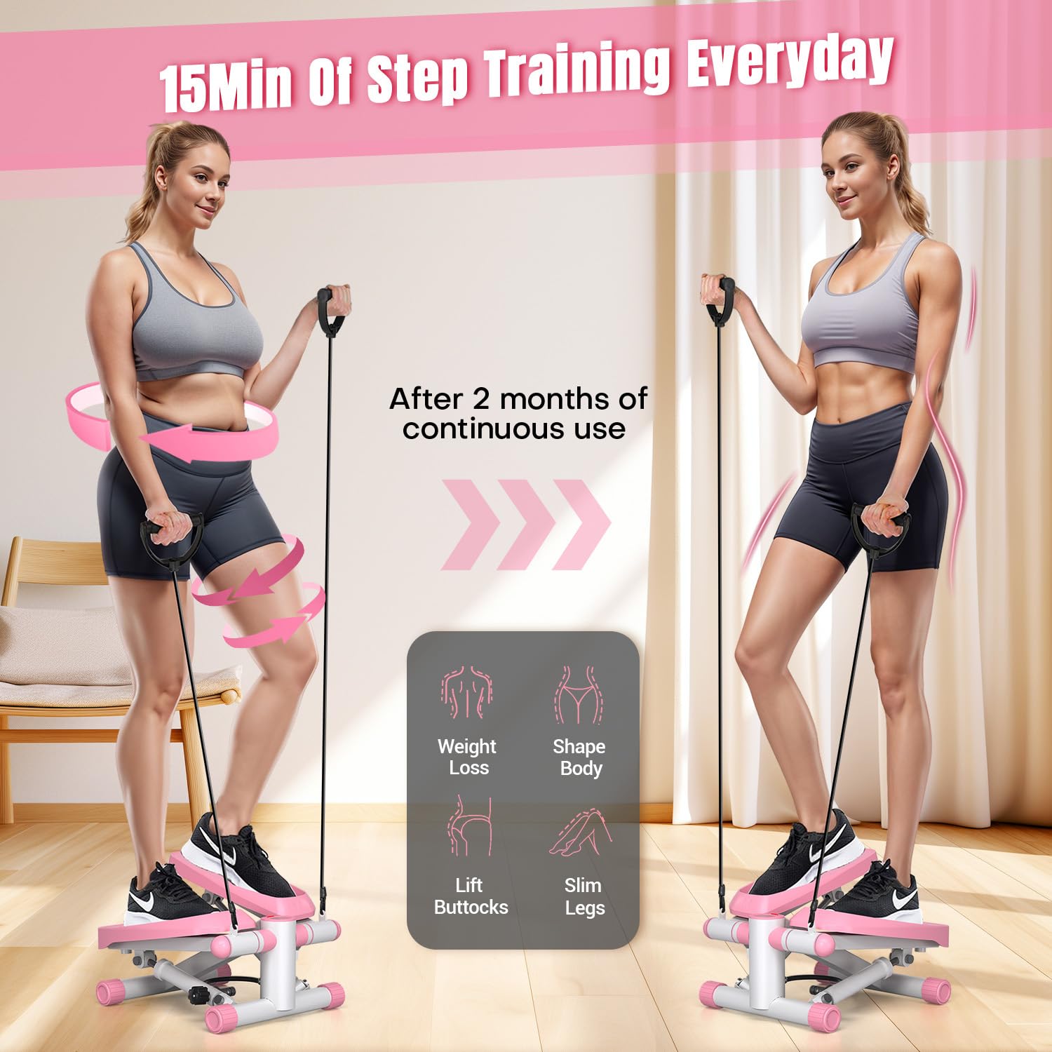 VitalLeap Steppers for Exercise at Home, Adjustable Resistance Stair Steppers for Women with Arm Training Bands, 10DB Super Quiet Mini Steppers with 350LBS Loading Bearing Home Fitness Equipment
