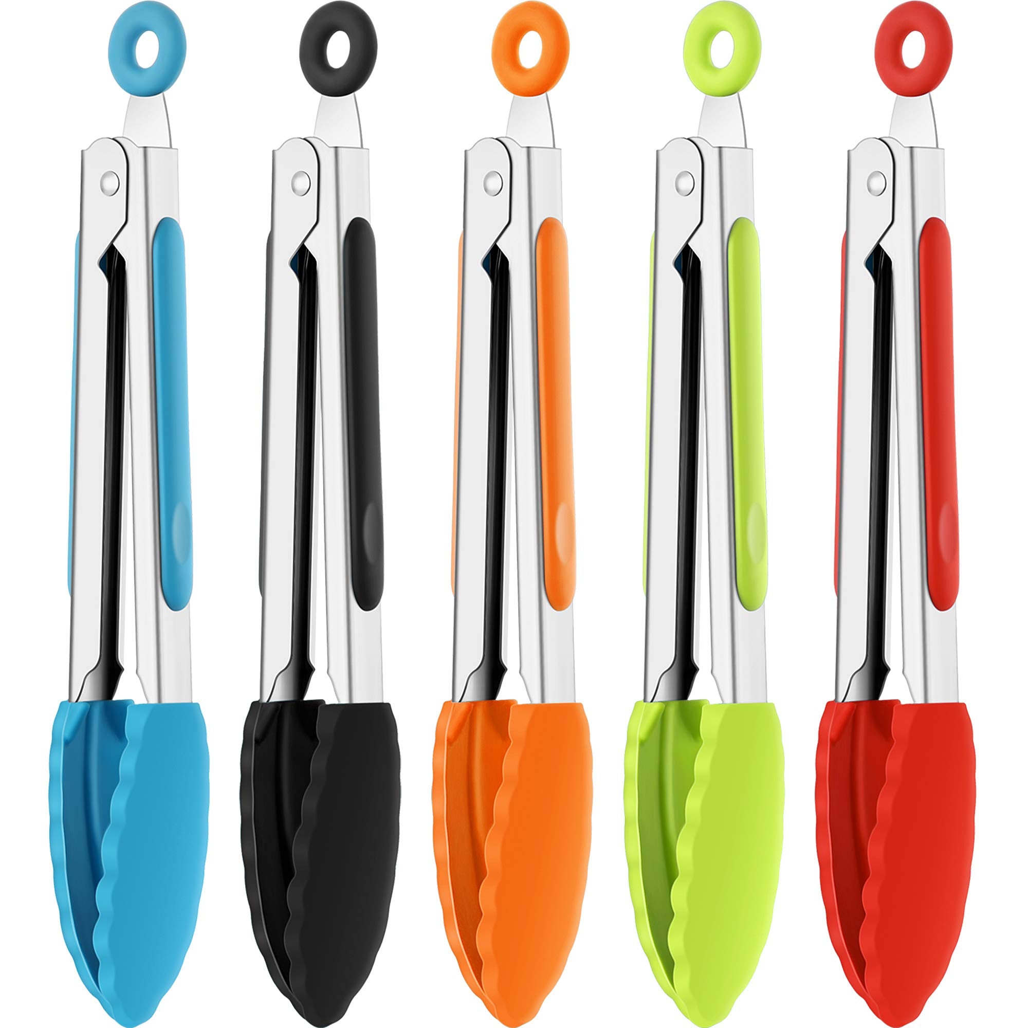Mudder 5 Pcs Mini Silicone Tongs 7 Inch Small Serving Kitchen Tongs with Silicone Tips Christmas Party Supplies for Salad, Grilling, Frying and Cooking(Multi)