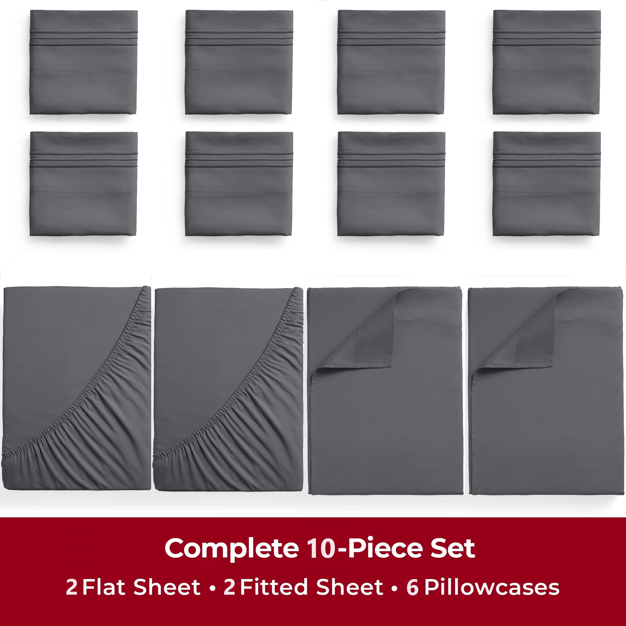 Mellanni 4PC Bed Sheet Set + 6PC Bed Sheet Set Bundle&Save - 10 Piece Iconic Collection Bedding Sheets & Pillowcases - Bundle Includes: 2 Flat Sheets, 2 Fitted Sheet and 6 Pillow Cases (Queen, Gray)
