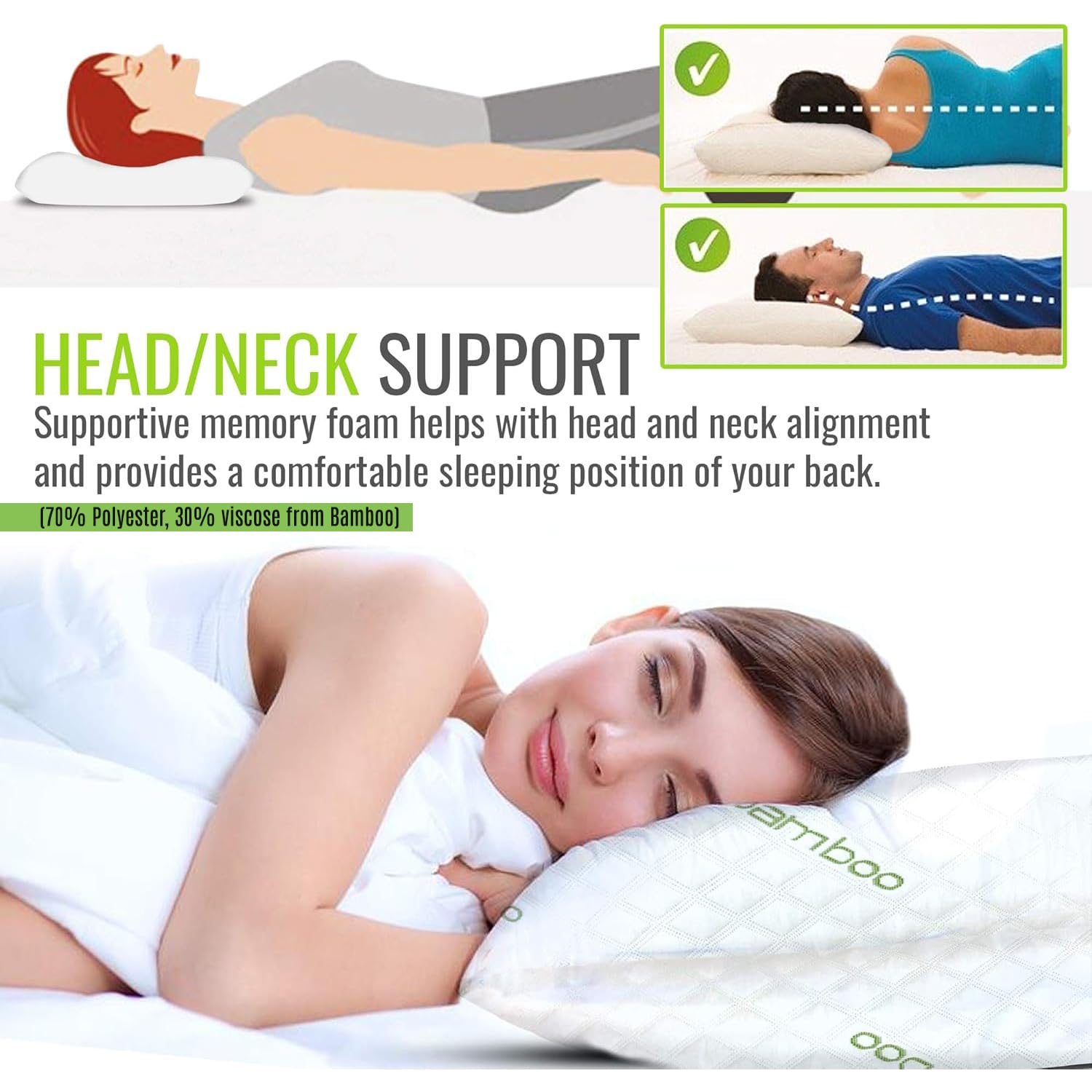 ik King Size Rayon Derived from Bamboo Pillow - Set of 2 Adjustable Shredded Memory Foam Pillows Neck Support Sleeping Pillow for Side, Back & Stomach Sleepers with Washable Cover (35x20)