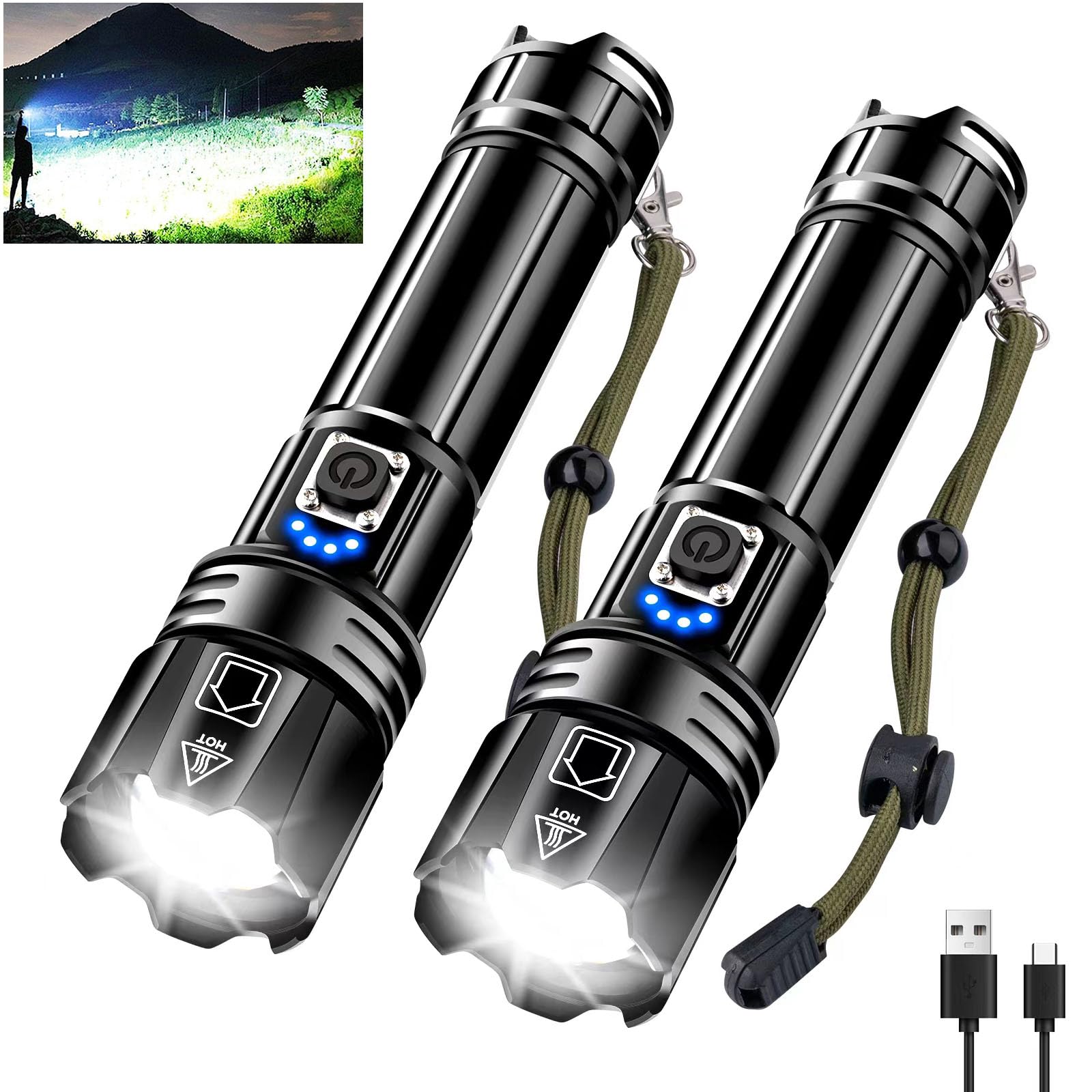 ANKRA Rechargeable Flashlight High Lumens with Waterproof Box, Powerful LED Flashlight XHP70.2 with 5 Modes & Zoomable & IPX7 Waterproof, Tactical Flashlight for Camping, Hiking, Emergencies(2 Pack)